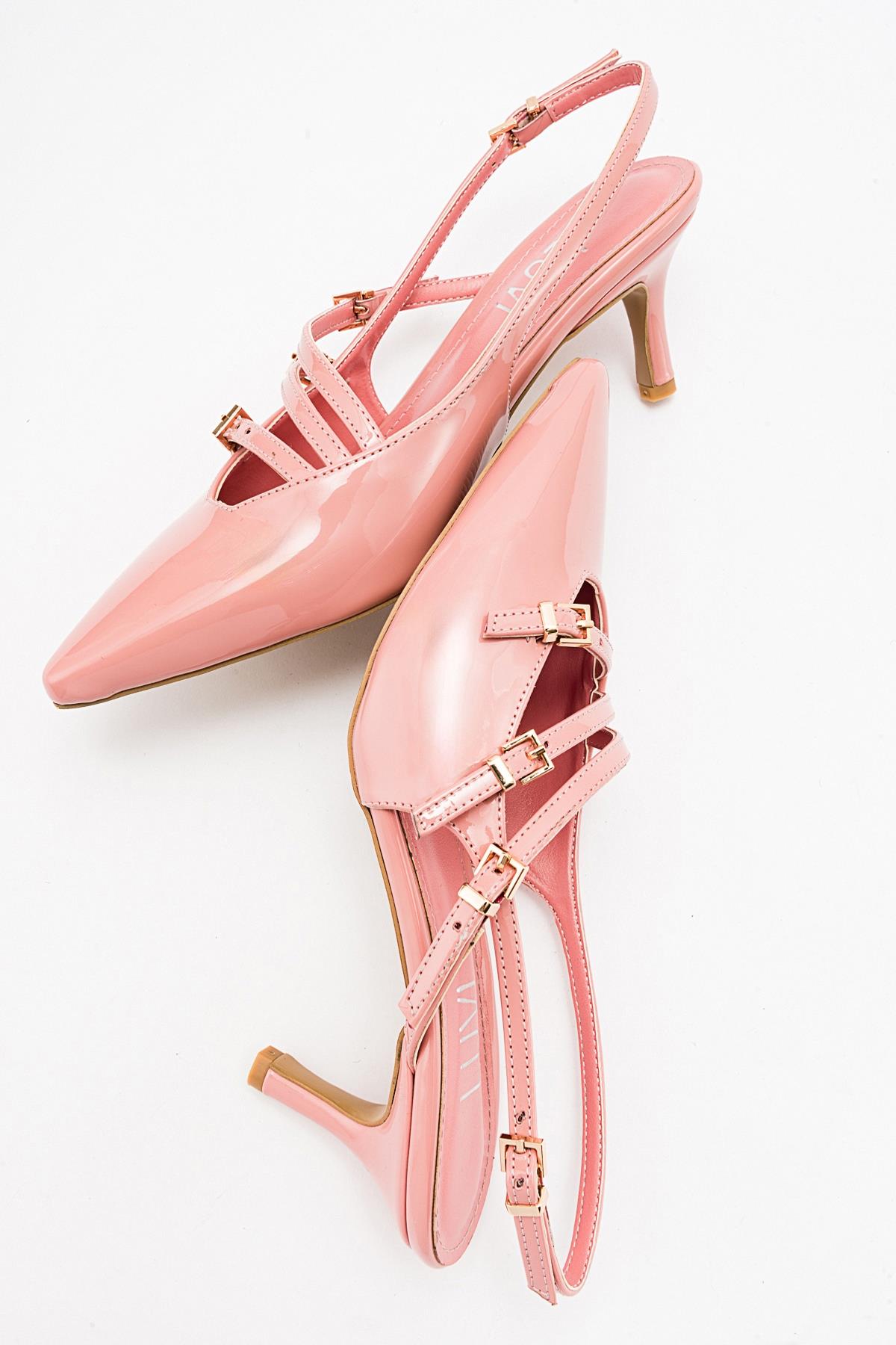Magra Blush Patent Pointed-Toe Slingback Stiletto – heel view showing leather, red, Vowalisse
