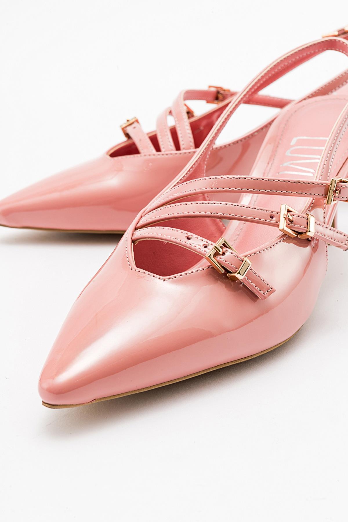 Magra Blush Patent Pointed-Toe Slingback Stiletto – back view showing leather, red, Vowalisse