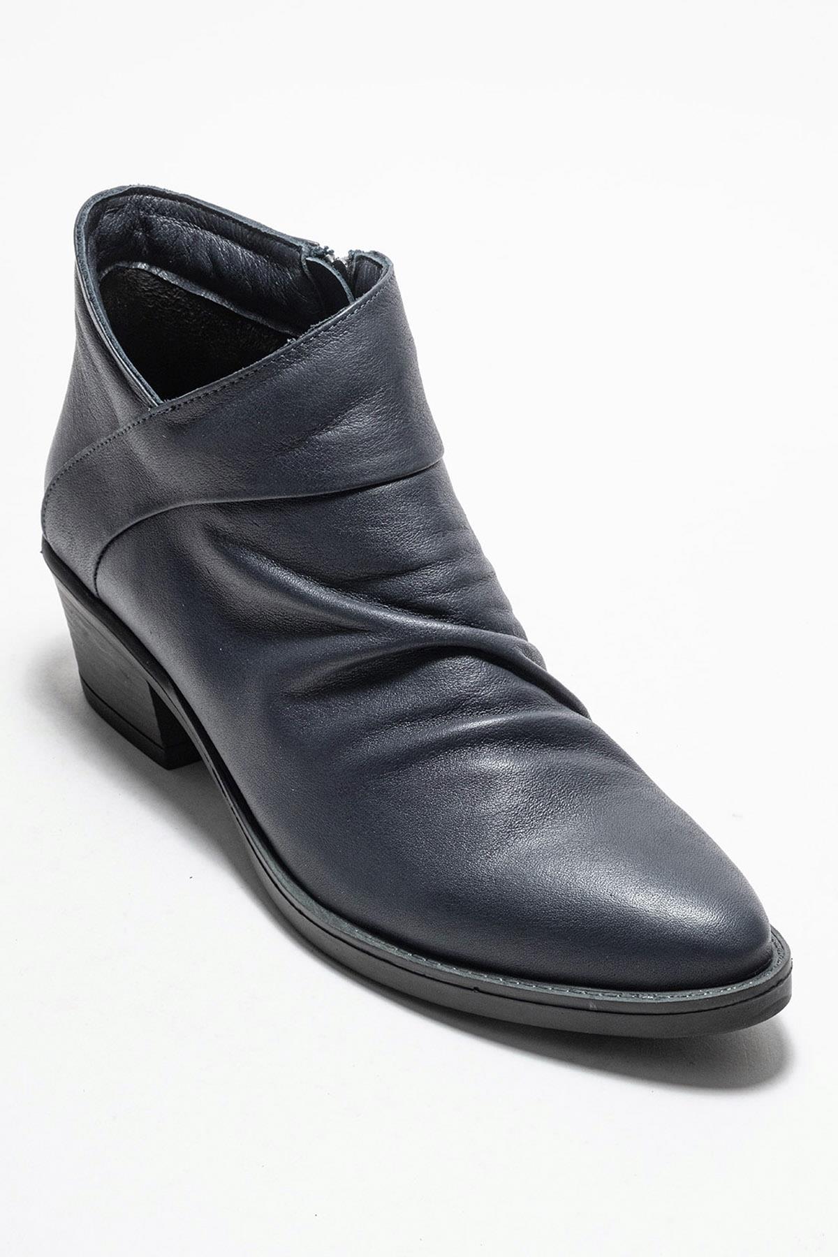 Rule - Navy Genuine Leather Chunky Heel Boot – detail view showing leather, Vowalisse