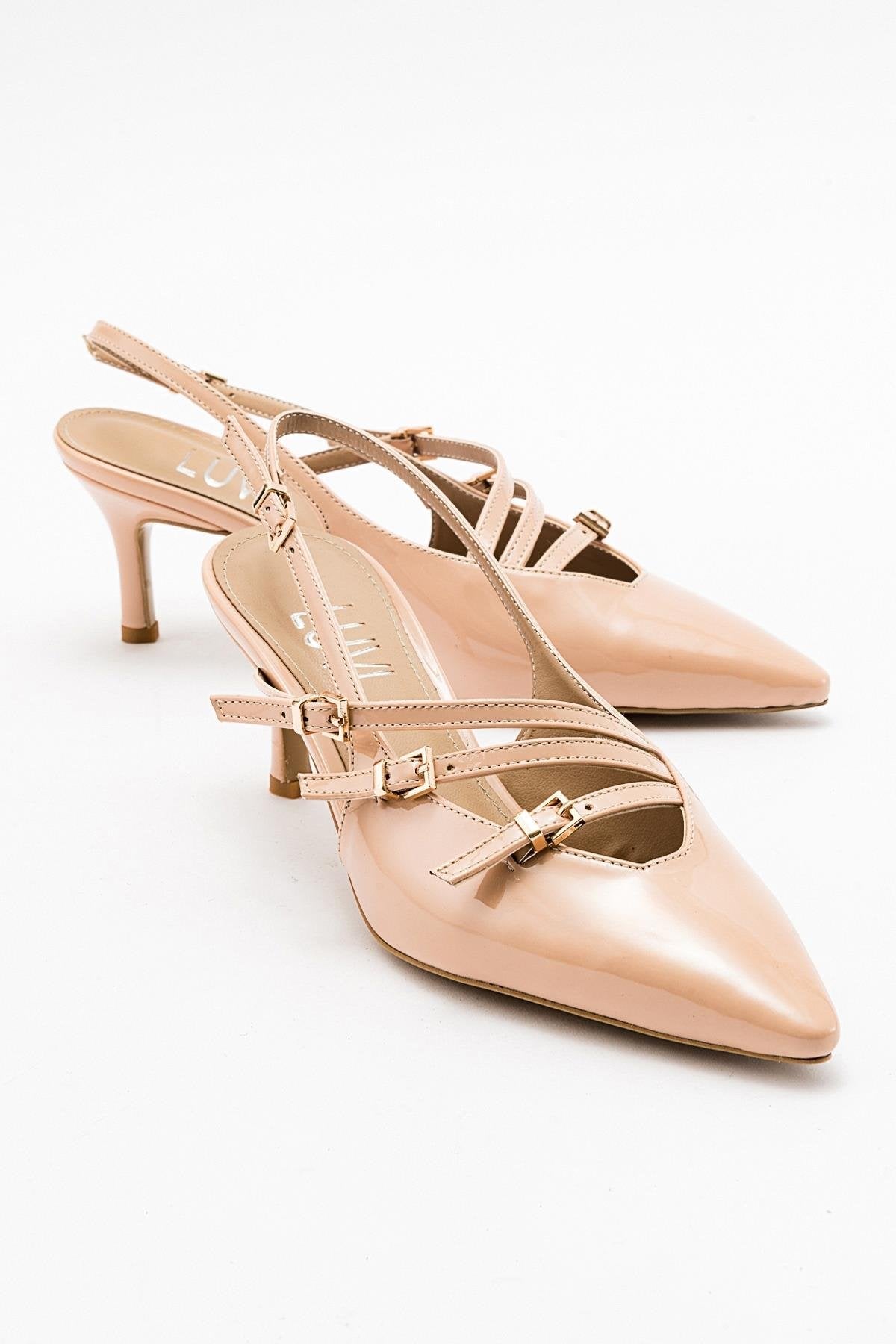 Magra Beige Patent Pointed-Toe Slingback Stiletto – front three-quarter view showing leather, red, Vowalisse