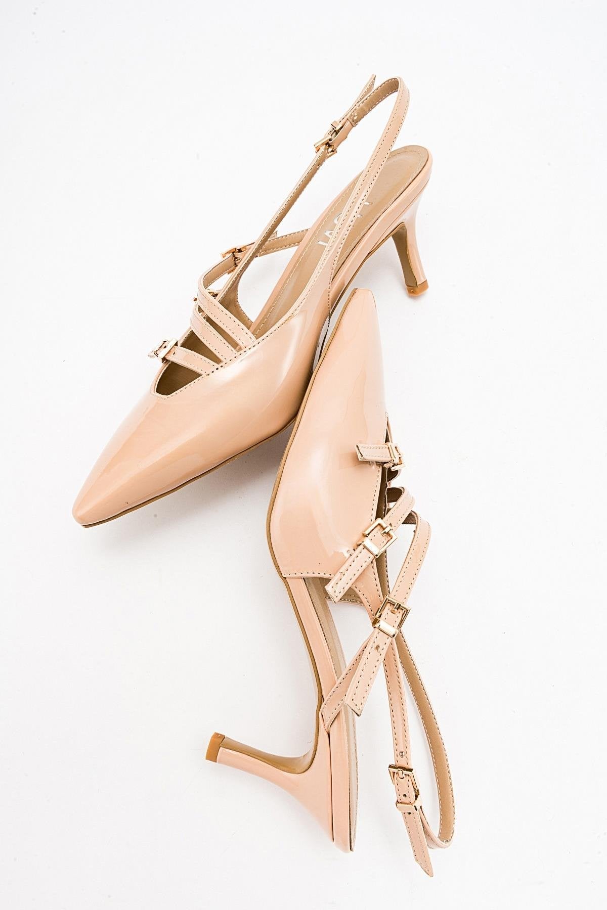 Magra Beige Patent Pointed-Toe Slingback Stiletto – side view showing leather, red, Vowalisse