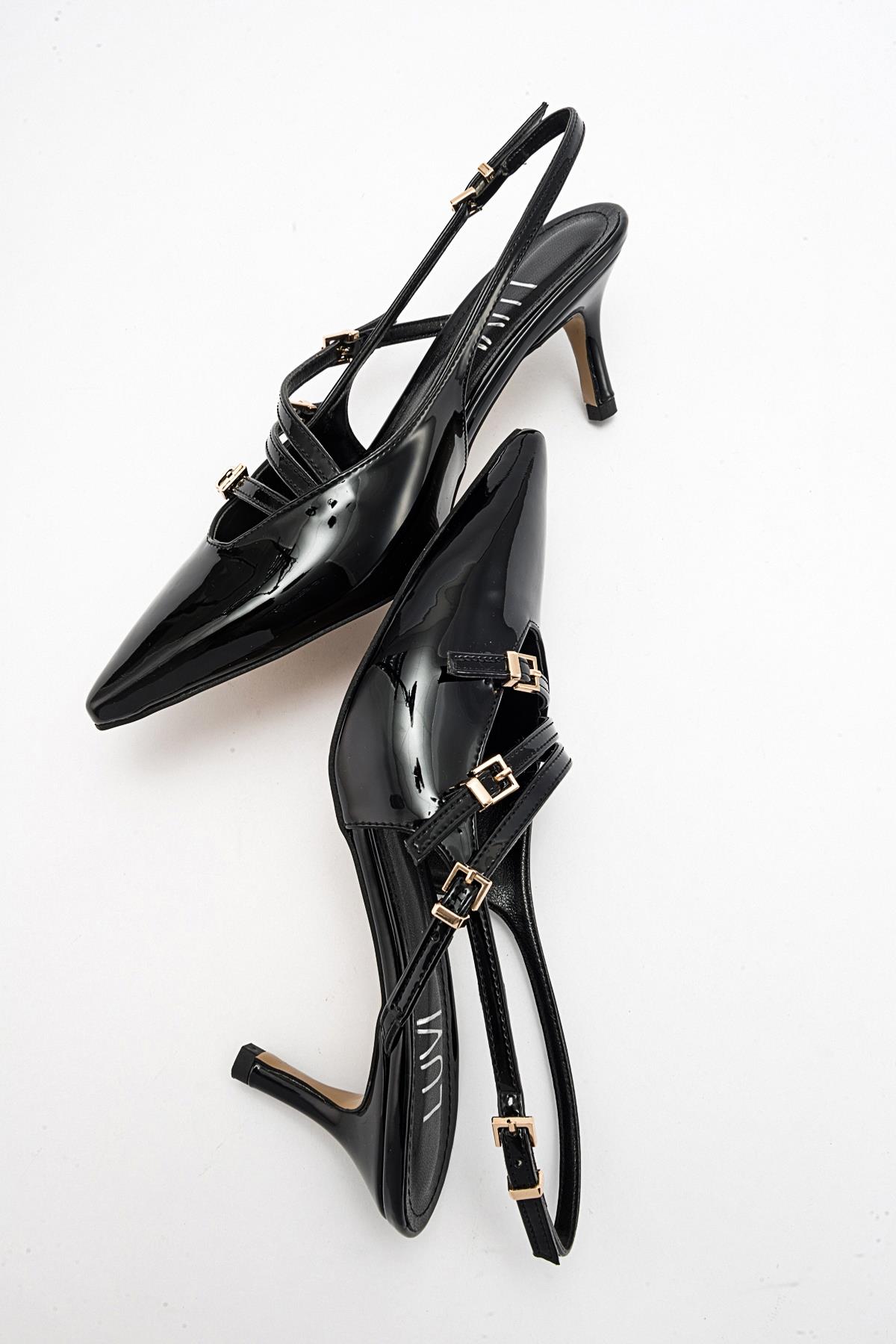 Magra Black Patent Pointed-Toe Slingback Stiletto – heel view showing leather, black, red, Vowalisse