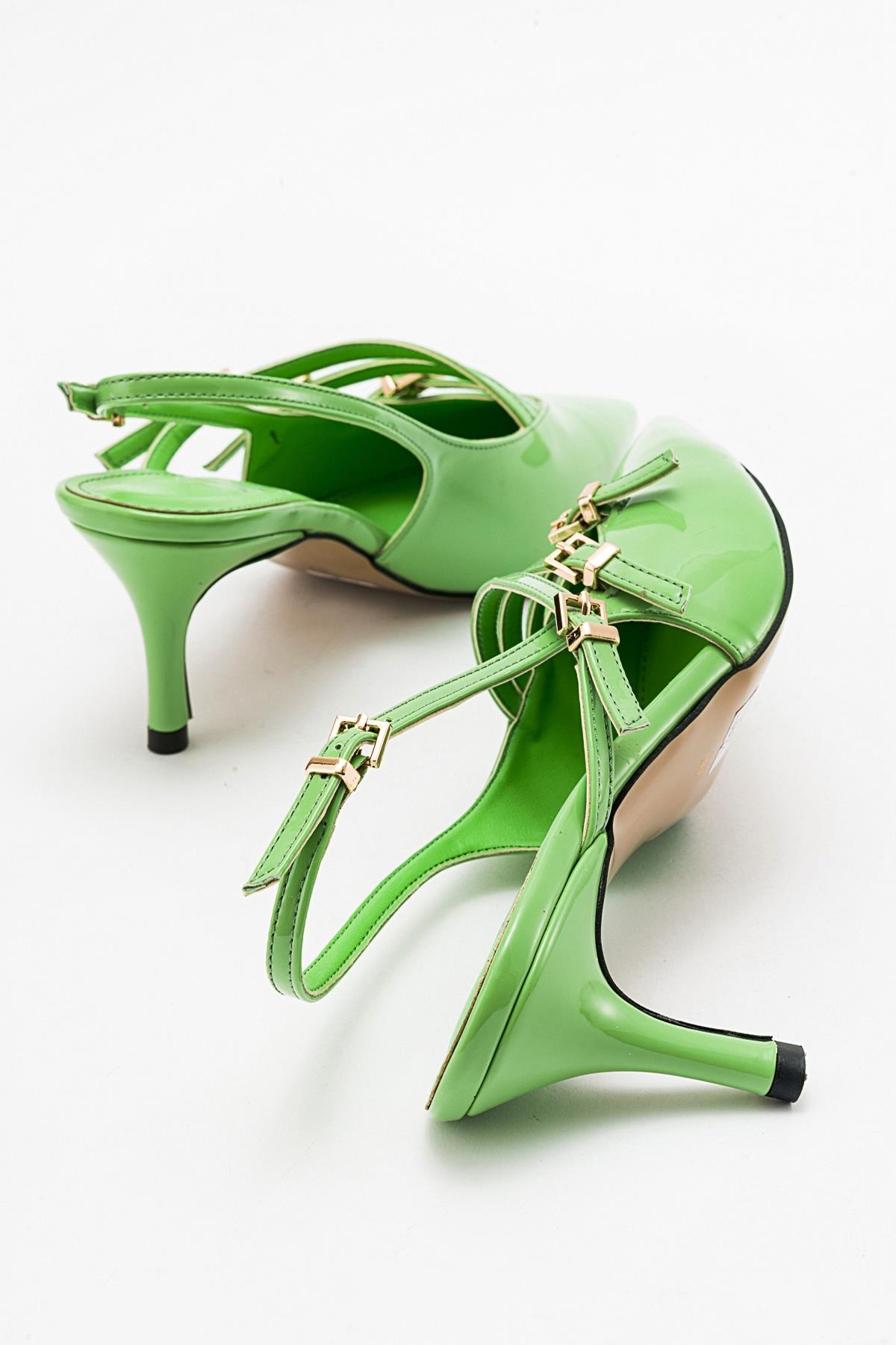 Magra Green Patent Pointed-Toe Slingback Stiletto – heel view showing leather, red, green, Vowalisse