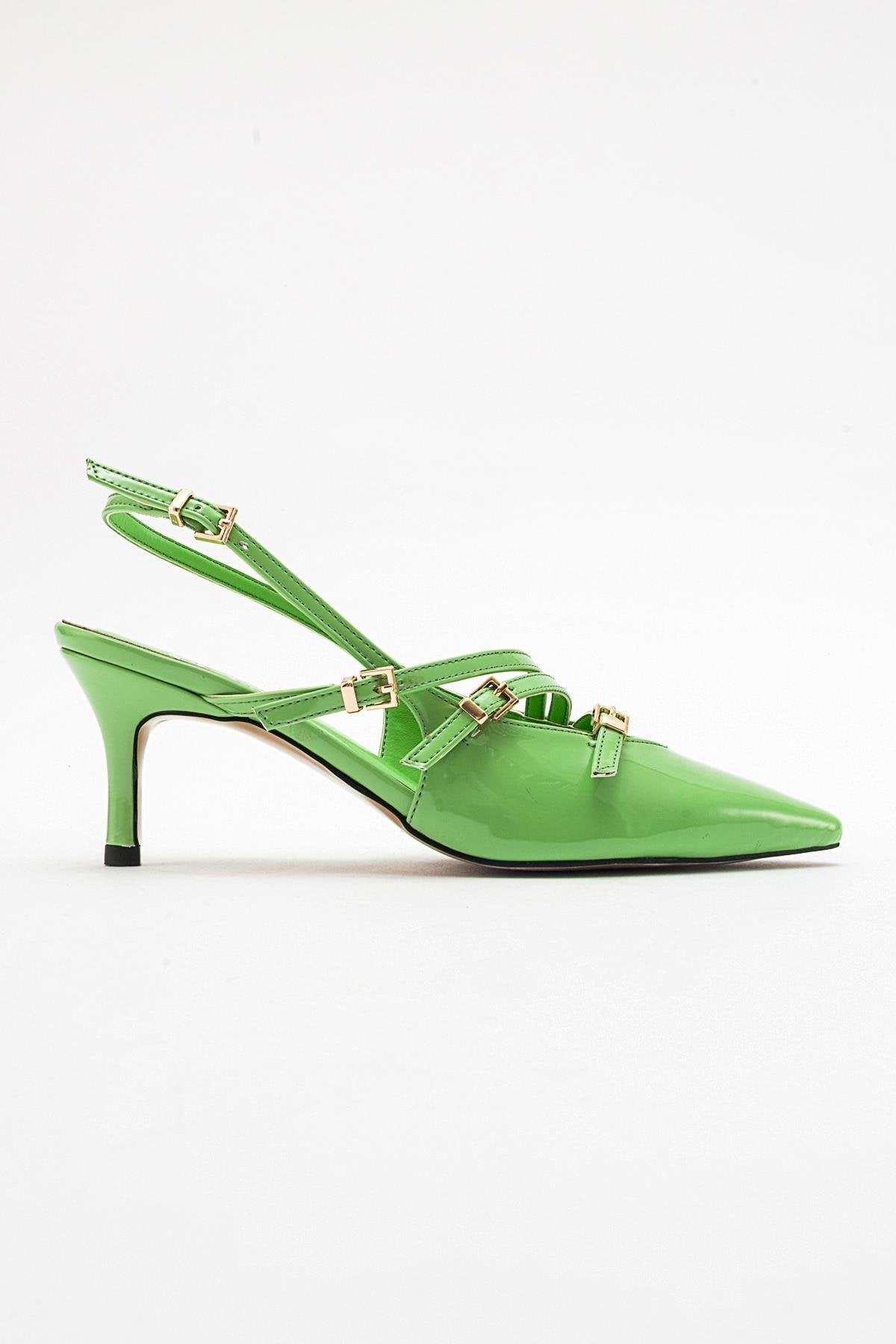 Magra Green Patent Pointed-Toe Slingback Stiletto – top view showing leather, red, green, Vowalisse