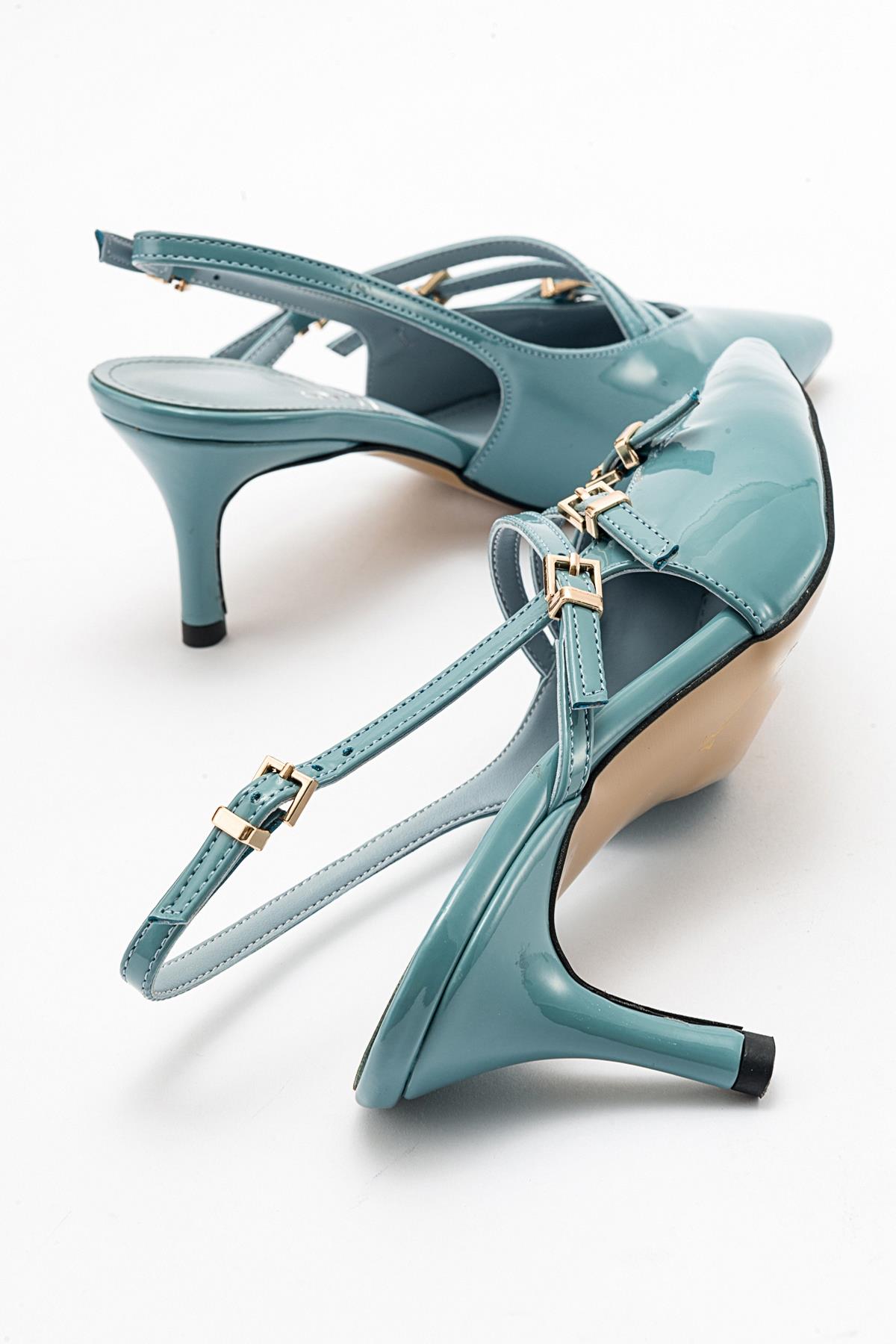 Magra Blue Patent Pointed-Toe Slingback Stiletto – side view showing leather, blue, red, Vowalisse