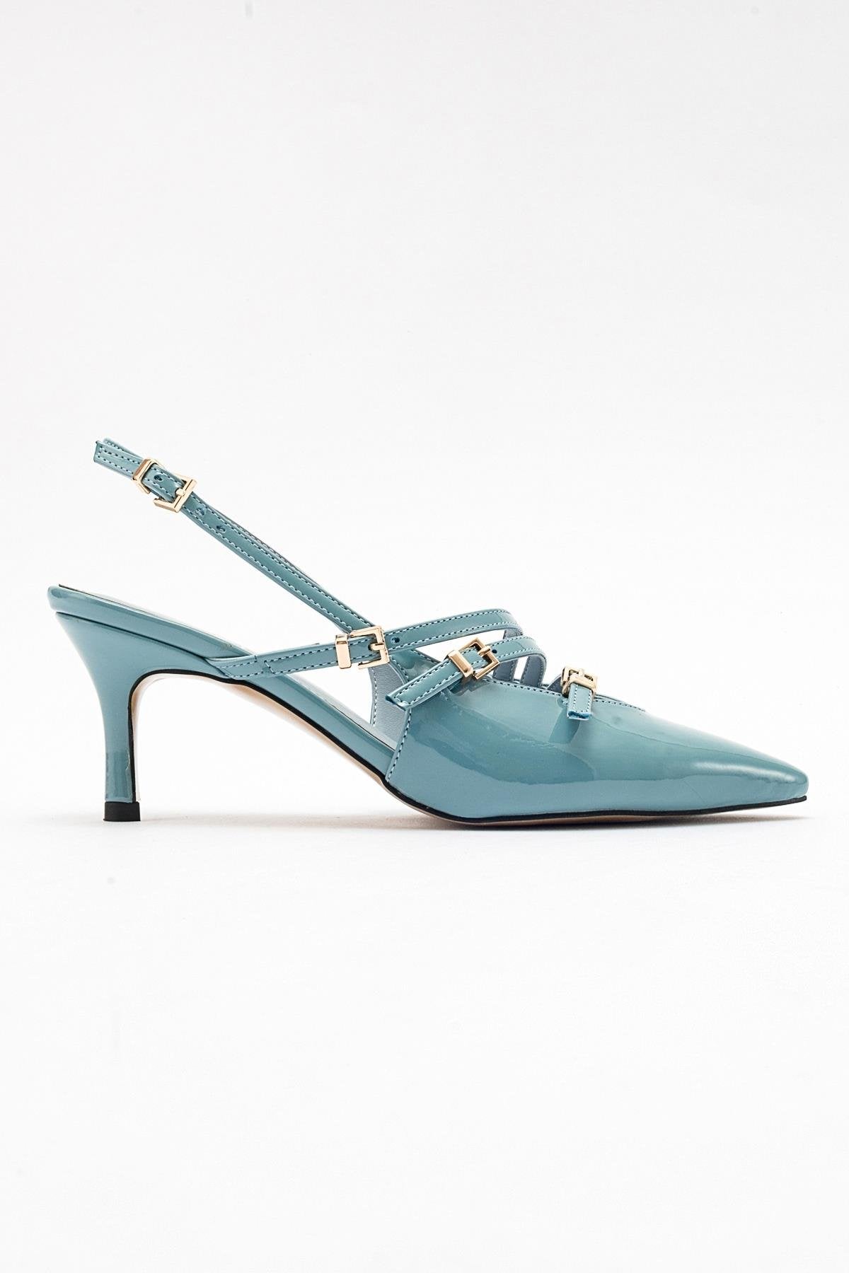 Magra Blue Patent Pointed-Toe Slingback Stiletto – top view showing leather, blue, red, Vowalisse