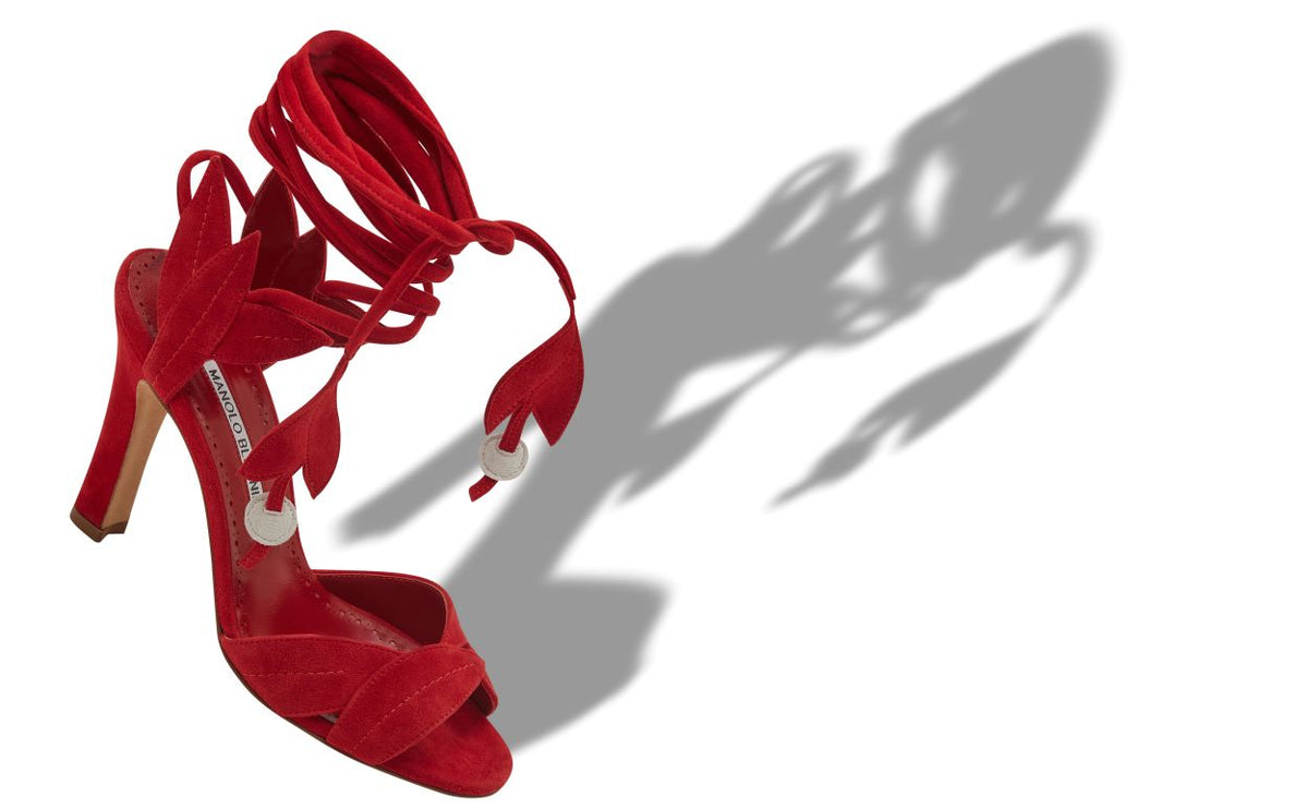 Emmeline Shine Red Open Toe Ankle-Strap Shoes – front three-quarter view showing red open toe, suede, lace, Vowalisse
