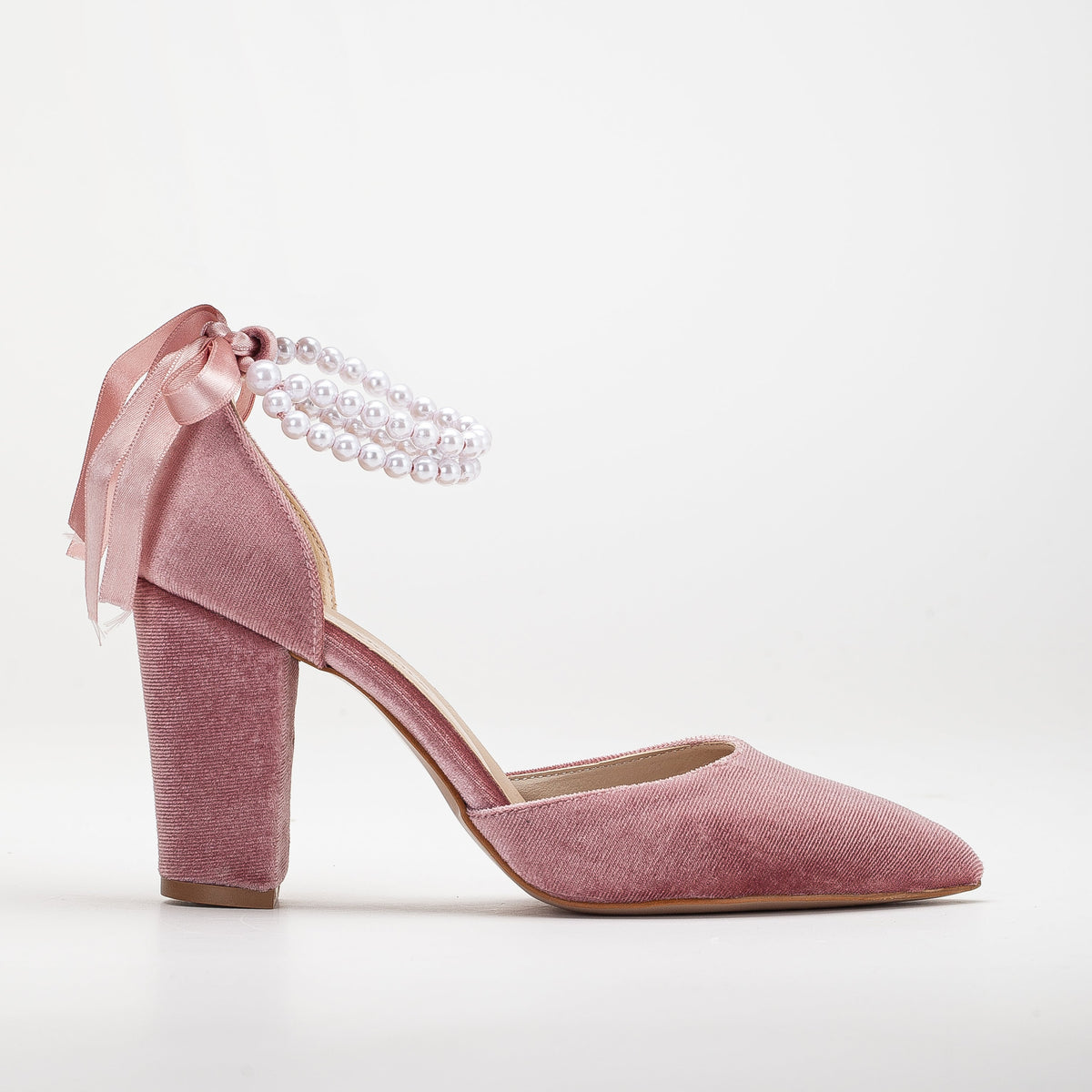 Hazel - Rose Velvet Shoes with Pearls – front three-quarter view showing pearl, satin, velvet, Vowalisse