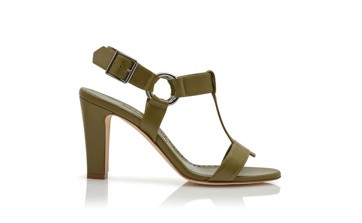 Noelle Lace Green T-Bar T-Bar Shoes – side profile showing green t-bar, slingback, open toe, nappa leather, Vowalisse