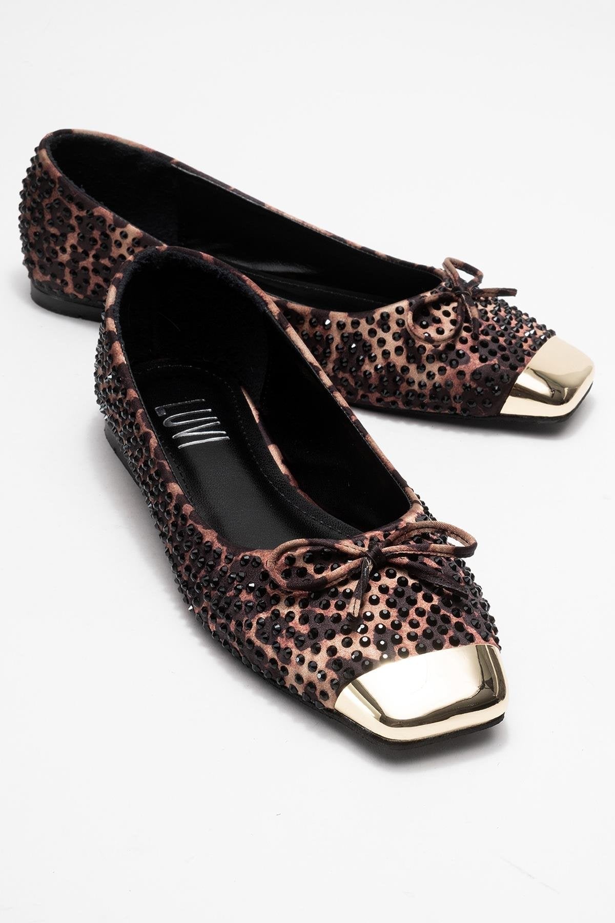 Abra - Black And Yellow Patterned Stone-Embellished Bow Ballet Flat – front three-quarter view showing bow, satin, leather…