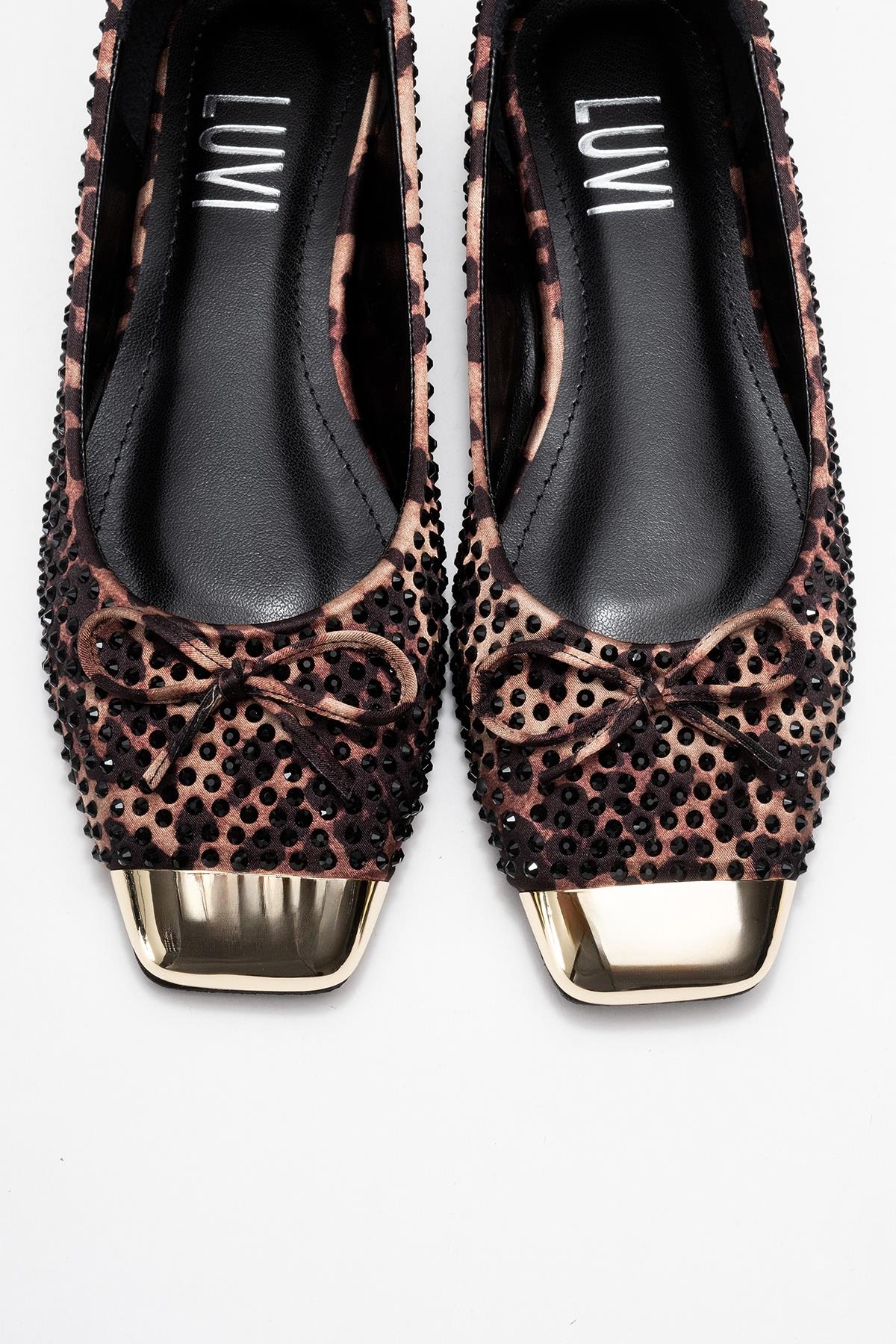 Abra - Black And Yellow Patterned Stone-Embellished Bow Ballet Flat – side view showing bow, satin, leather, Vowalisse