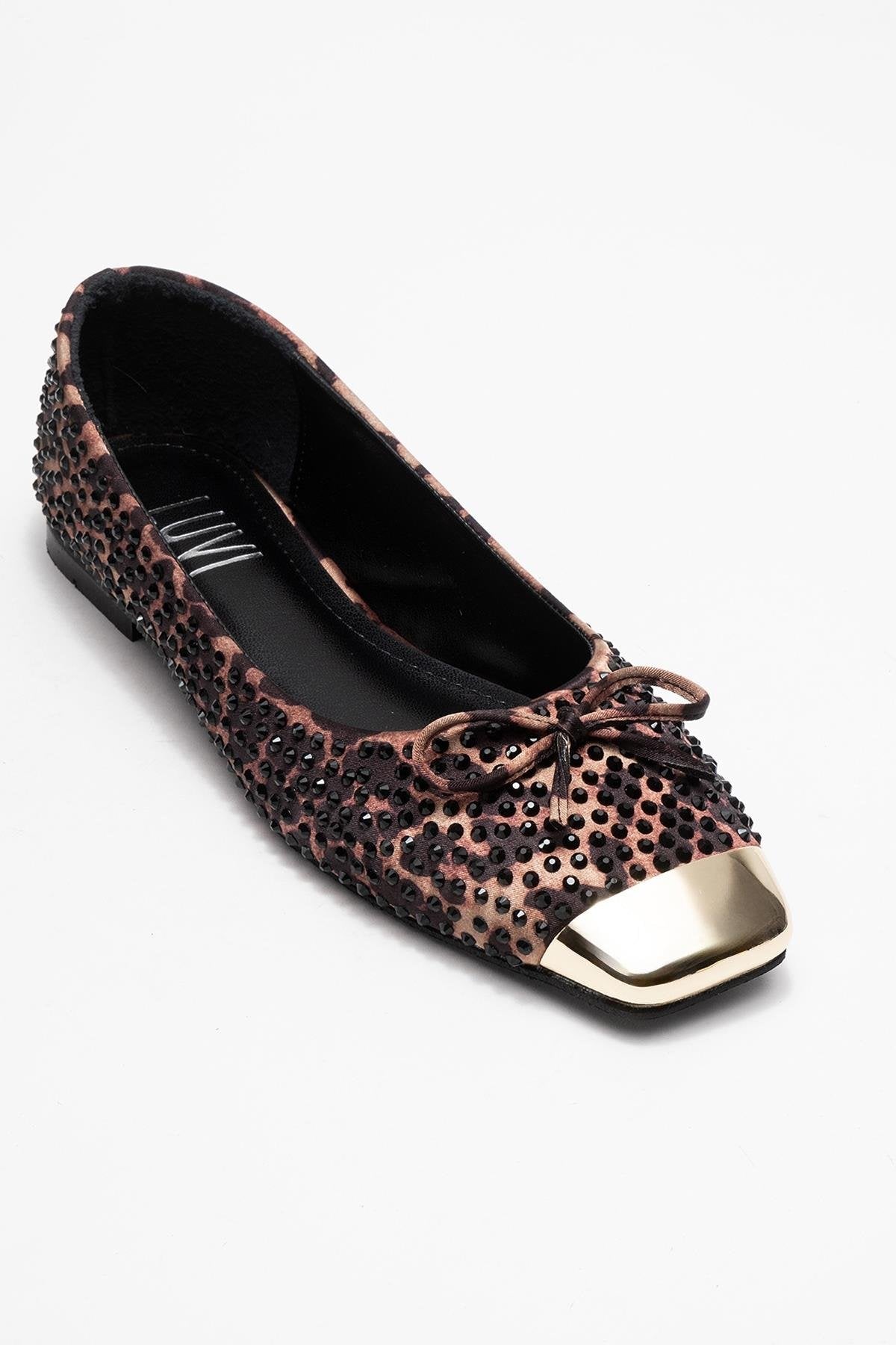 Abra - Black And Yellow Patterned Stone-Embellished Bow Ballet Flat – detail view showing bow, satin, leather, Vowalisse