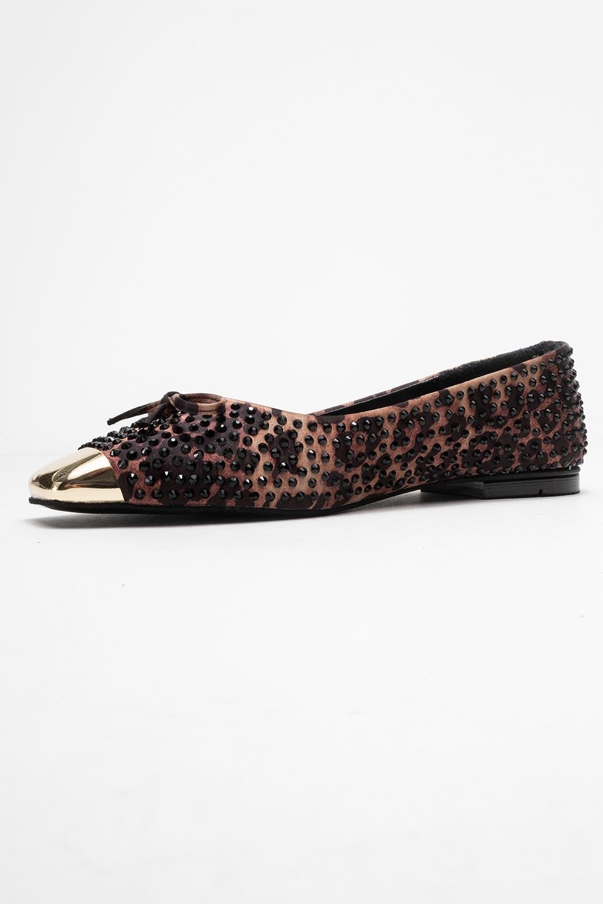 Abra - Black And Yellow Patterned Stone-Embellished Bow Ballet Flat – heel view showing bow, satin, leather, Vowalisse