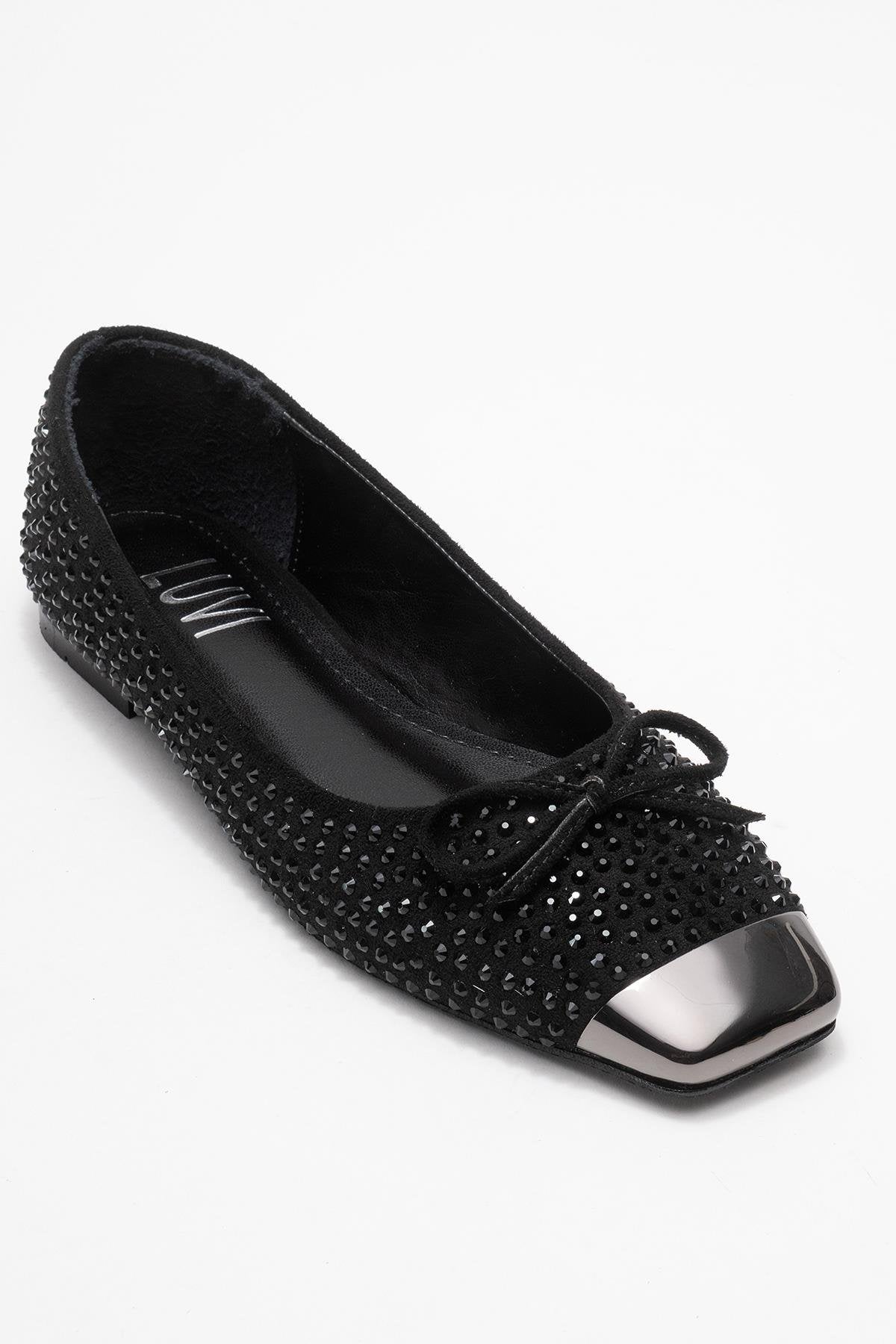 Abra - Black Stone-Embellished Bow Ballet Flat – detail view showing bow, leather, black, Vowalisse