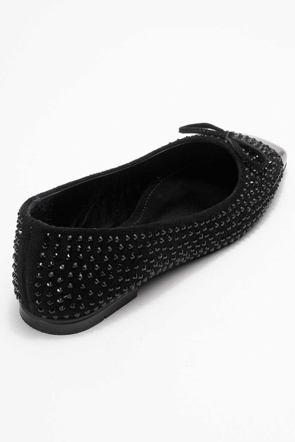 Abra - Black Stone-Embellished Bow Ballet Flat – back view showing bow, leather, black, Vowalisse