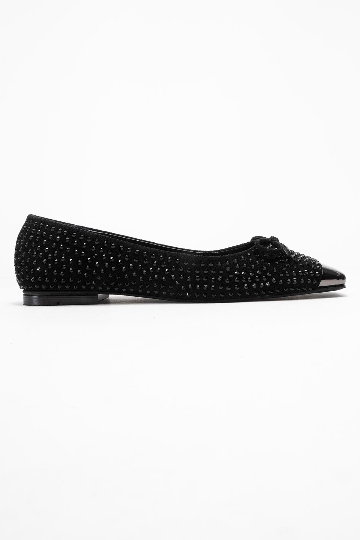 Abra - Black Stone-Embellished Bow Ballet Flat – top view showing bow, leather, black, Vowalisse