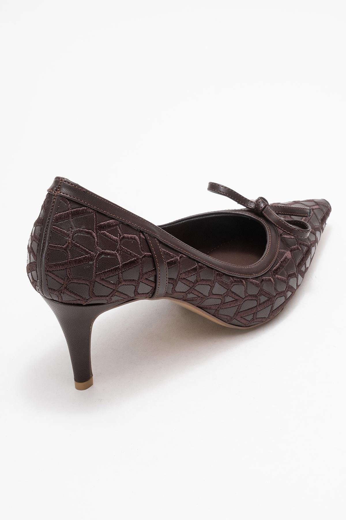 Camden - Brown Patterned Bow Pump – back view showing bow, leather, Vowalisse