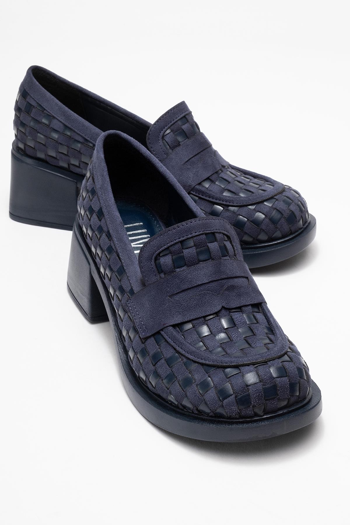 Marlon - Navy Woven Block Heel Shoe – front three-quarter view showing leather, Vowalisse
