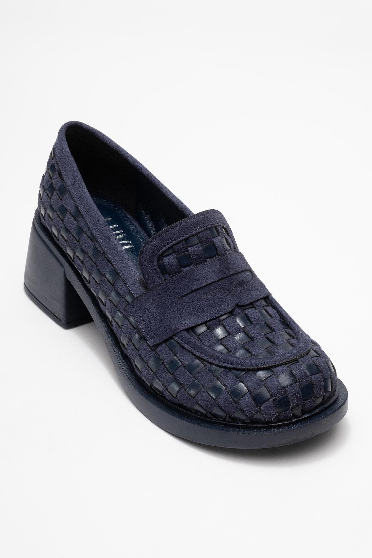 Marlon - Navy Woven Block Heel Shoe – detail view showing leather, Vowalisse