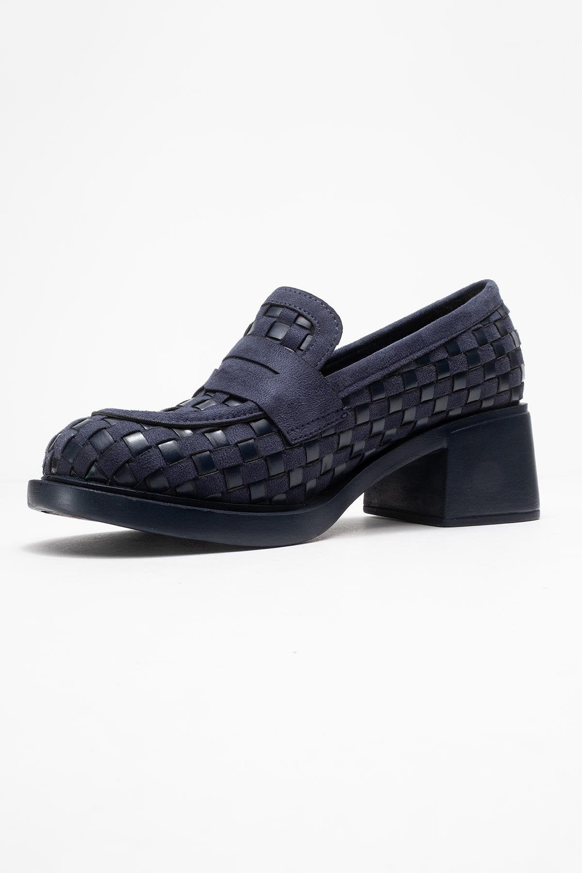 Marlon - Navy Woven Block Heel Shoe – heel view showing leather, Vowalisse