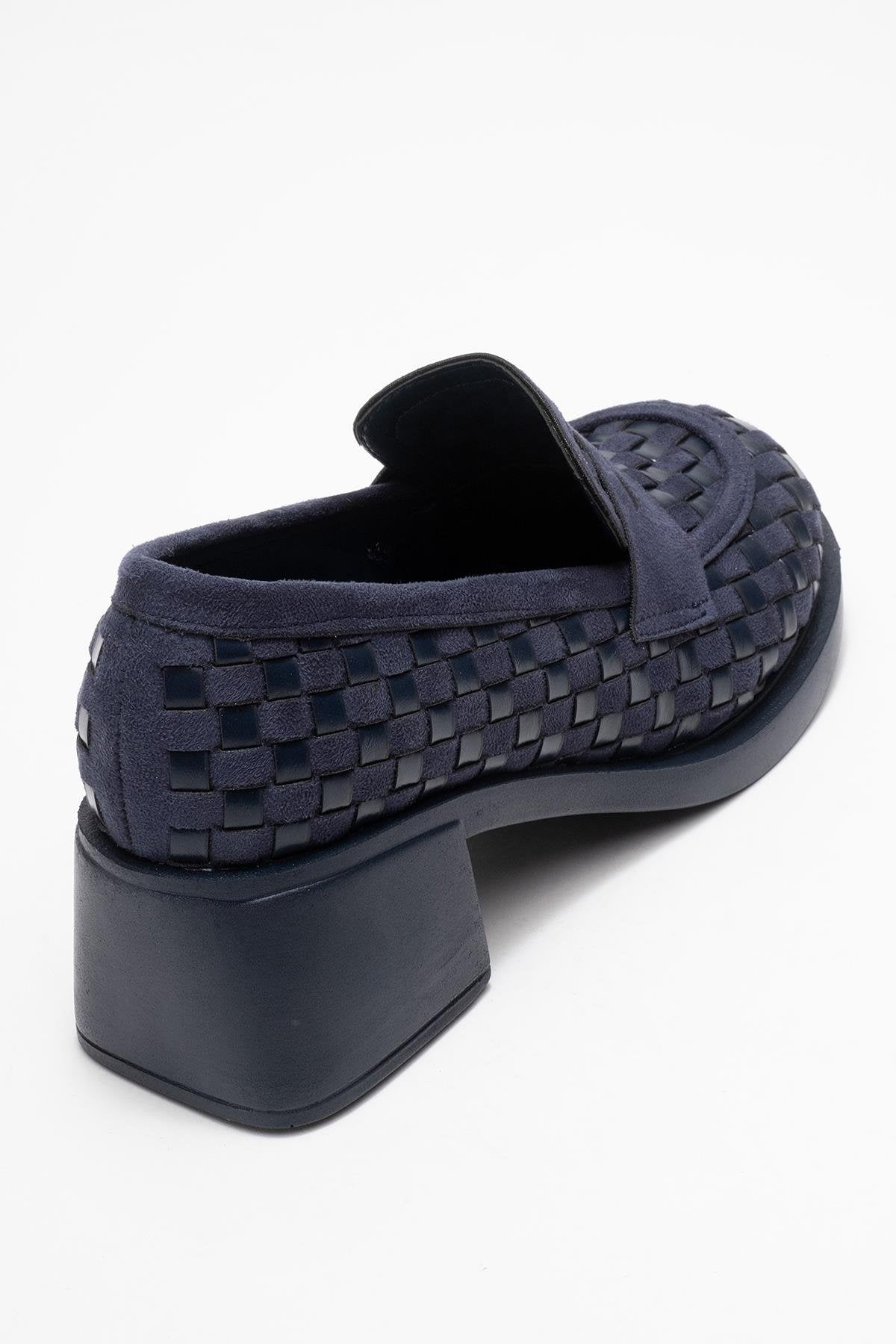Marlon - Navy Woven Block Heel Shoe – back view showing leather, Vowalisse
