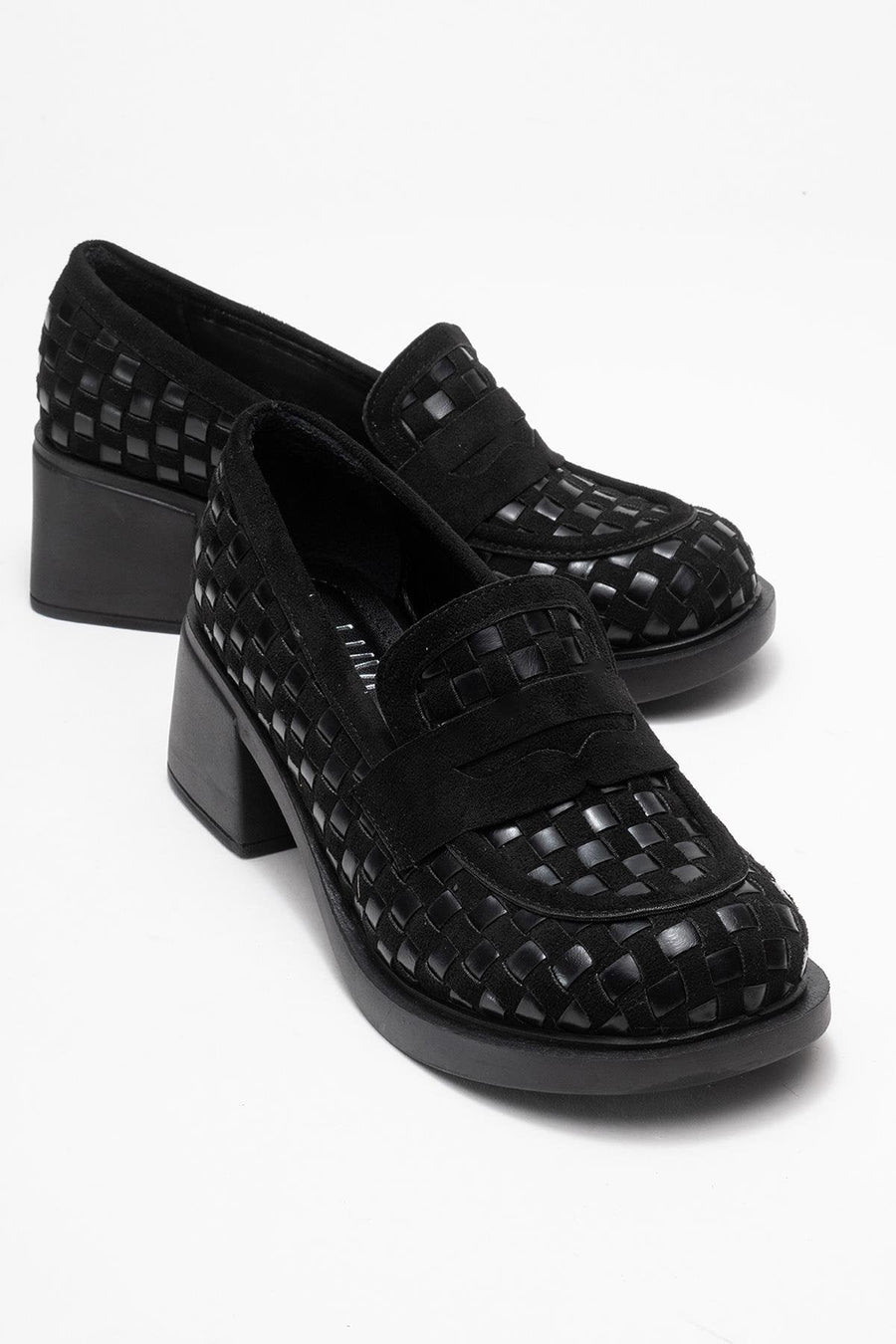 Marlon - Black Woven Block Heel Shoe