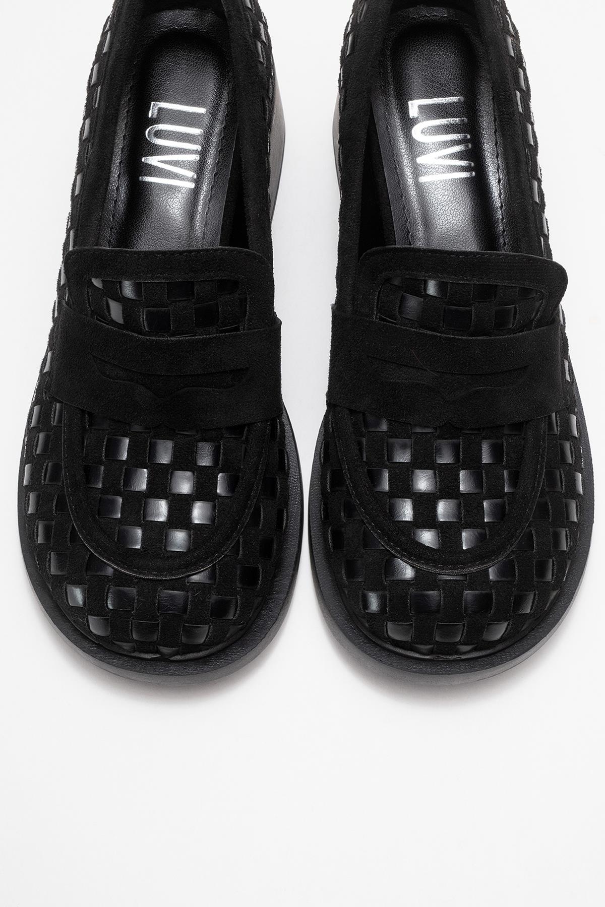 Marlon - Black Woven Block Heel Shoe – side view showing leather, black, red, Vowalisse
