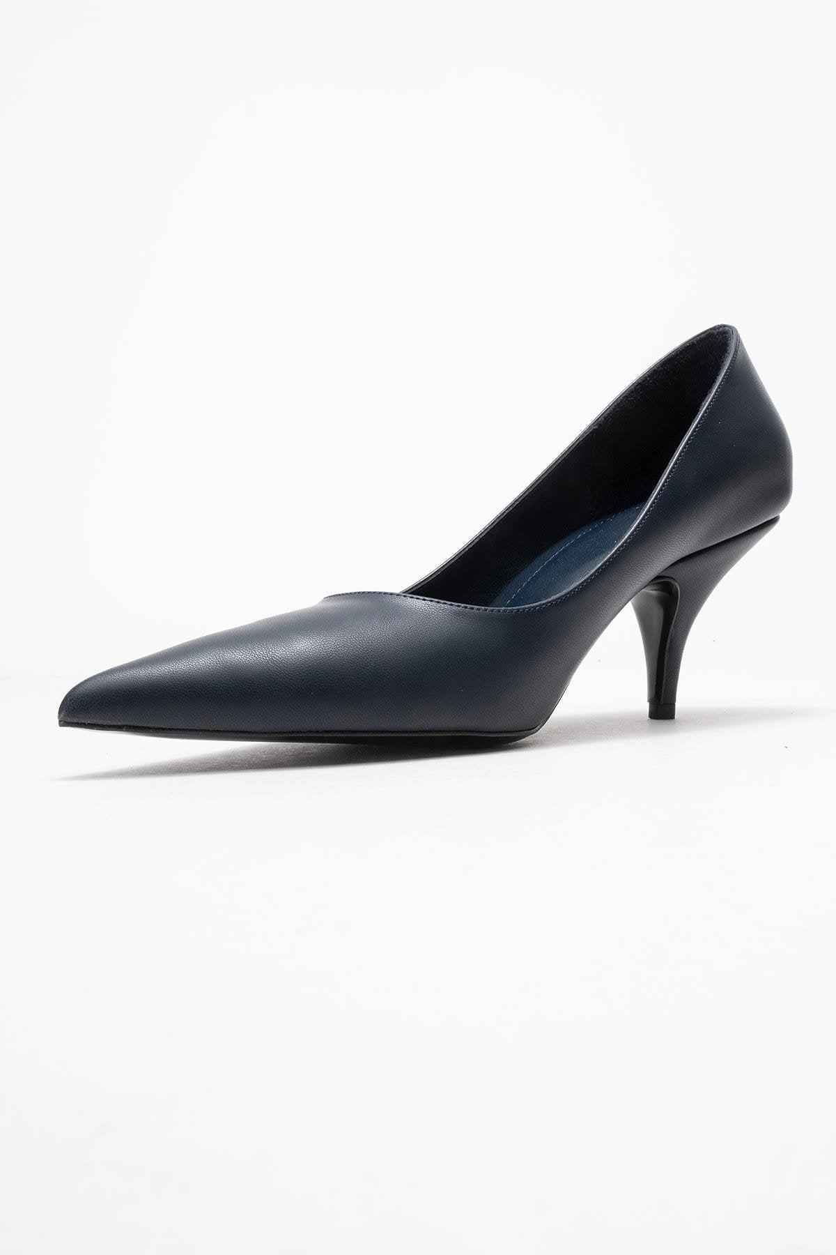Marcus - Navy Heeled Pump – heel view showing leather, Vowalisse