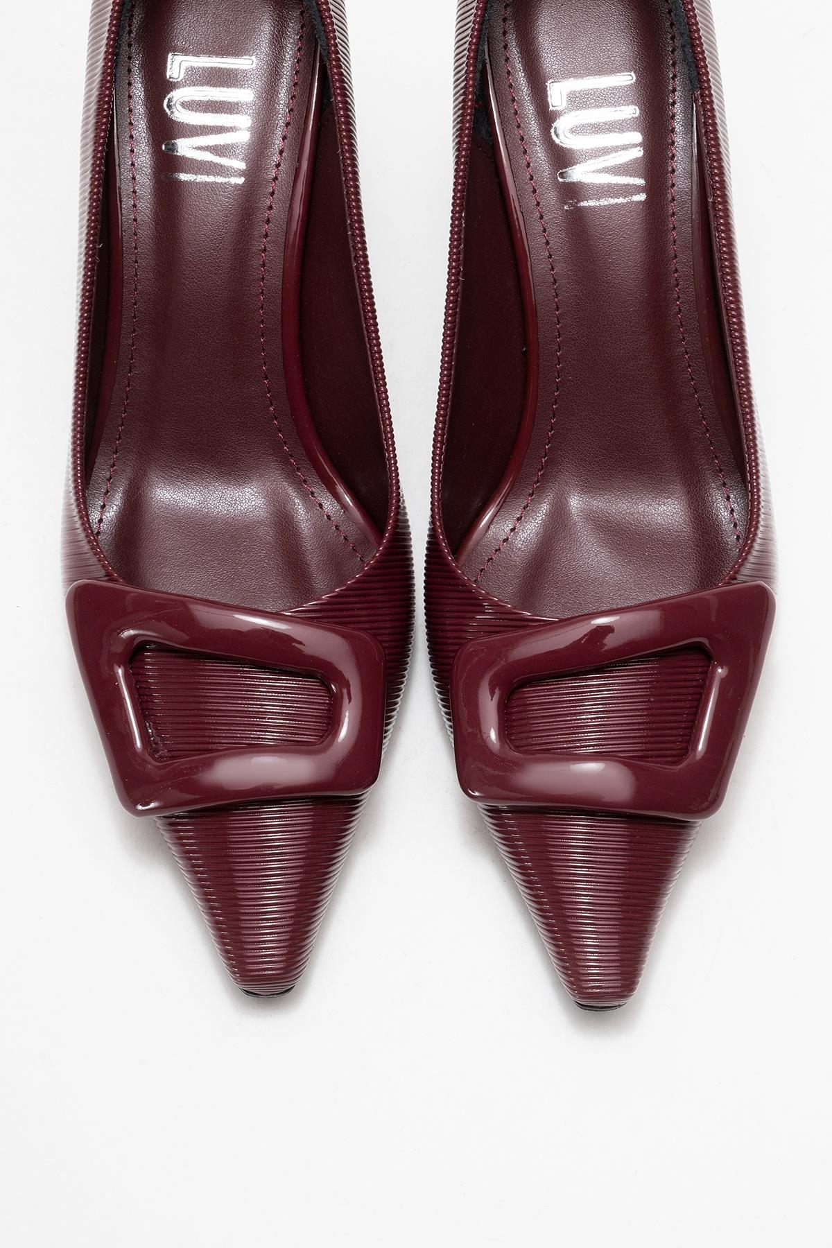 Astra - Burgundy Striped Buckle Heeled Pump – side view showing leather, Vowalisse