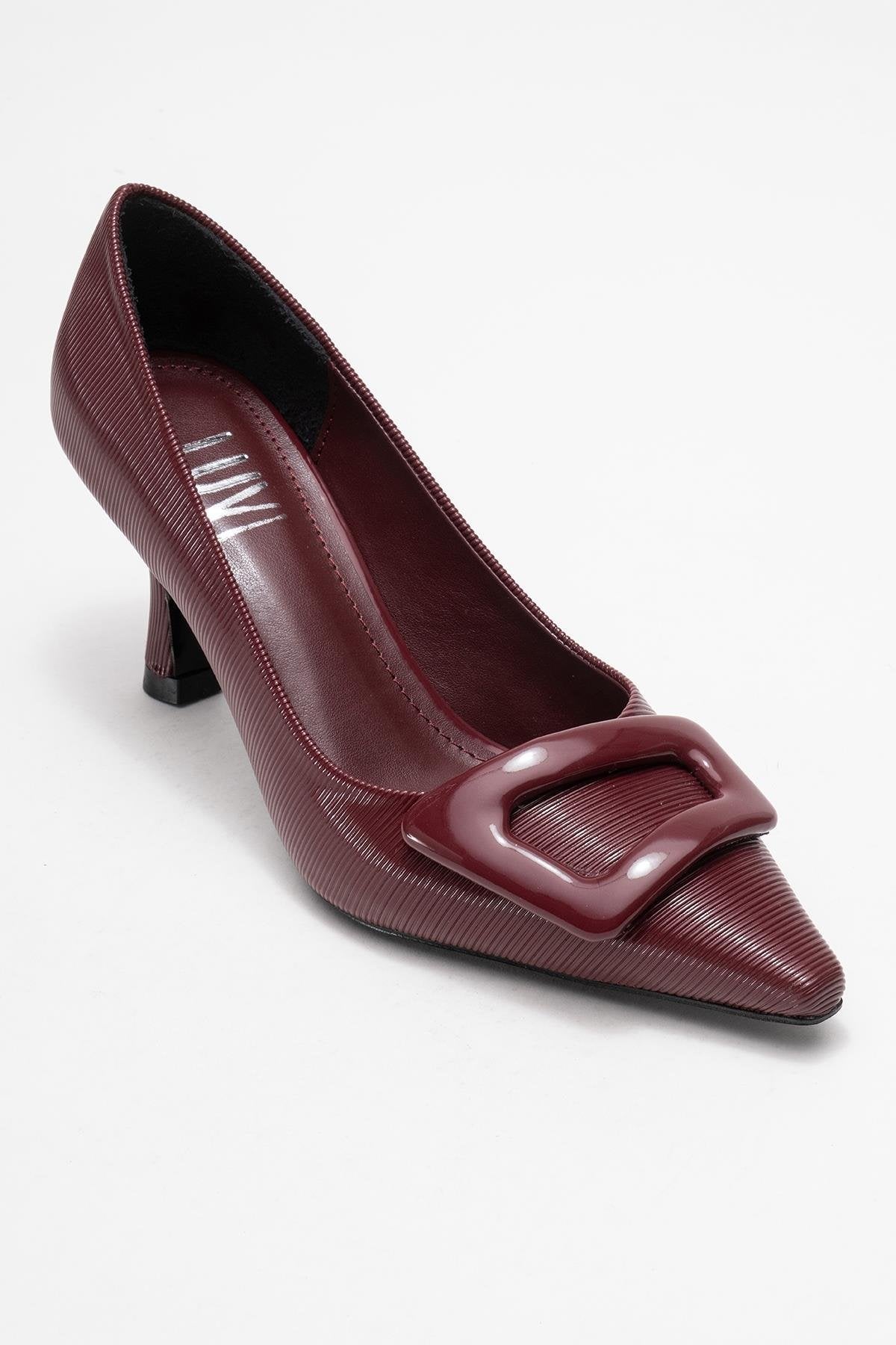 Astra - Burgundy Striped Buckle Heeled Pump – detail view showing leather, Vowalisse