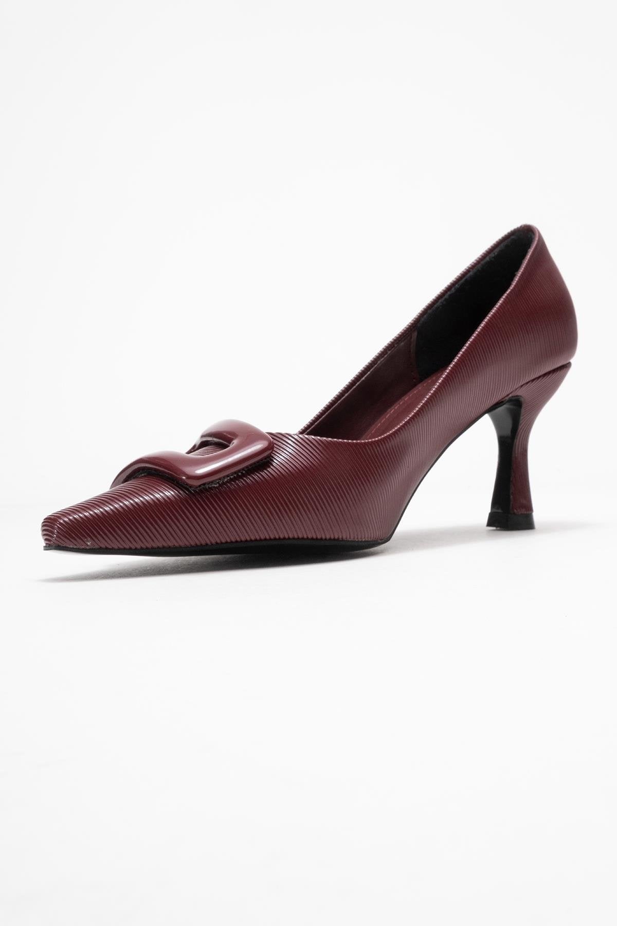 Astra - Burgundy Striped Buckle Heeled Pump – heel view showing leather, Vowalisse