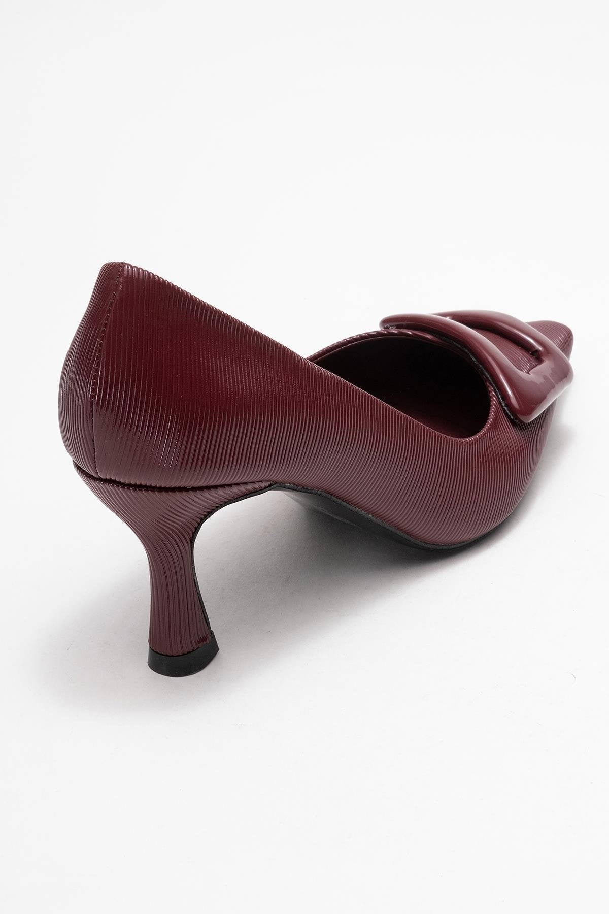 Astra - Burgundy Striped Buckle Heeled Pump – back view showing leather, Vowalisse