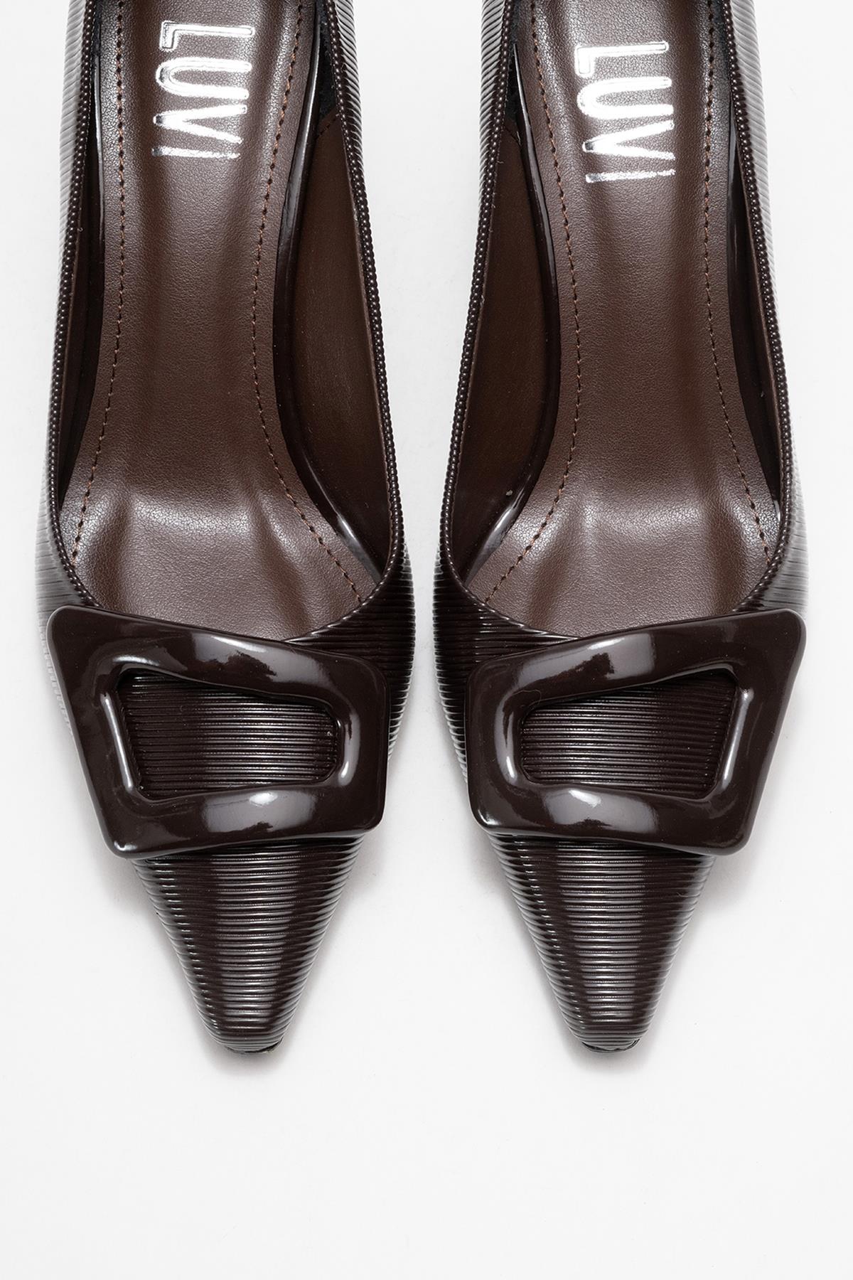 Astra - Brown Striped Buckle Heeled Pump – side view showing leather, Vowalisse