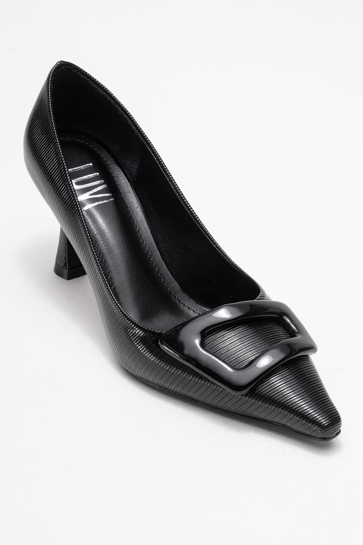 Astra - Black Striped Buckle Stiletto Heeled Shoe – detail view showing leather, black, Vowalisse