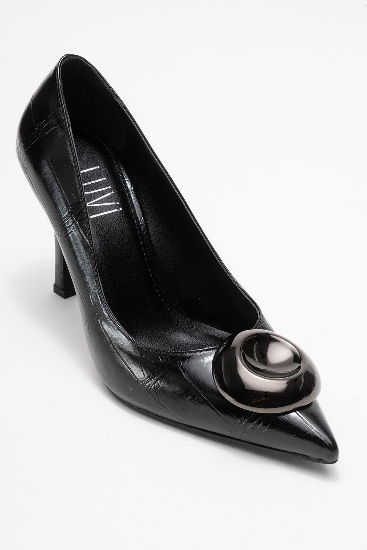 Jordana - Black Printed Platinum Buckle Stiletto Heeled Shoe – detail view showing leather, black, Vowalisse
