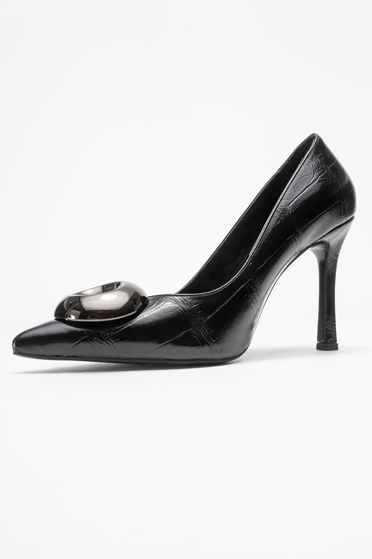 Jordana - Black Printed Platinum Buckle Stiletto Heeled Shoe – heel view showing leather, black, Vowalisse
