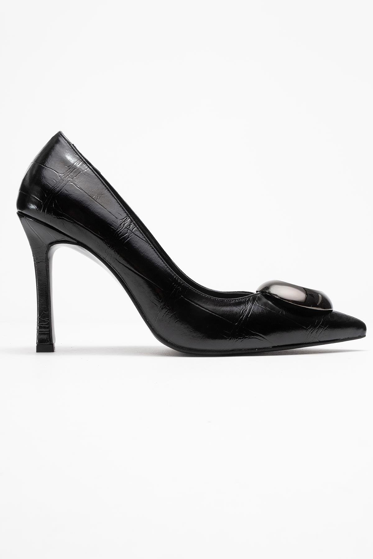 Jordana - Black Printed Platinum Buckle Stiletto Heeled Shoe – top view showing leather, black, Vowalisse