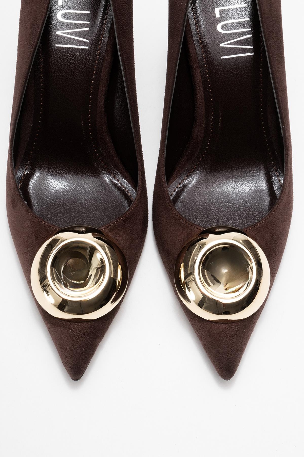 Jordana - Brown Suede Gold Buckle Stiletto Heeled Shoe – side view showing leather, suede, metallic, Vowalisse