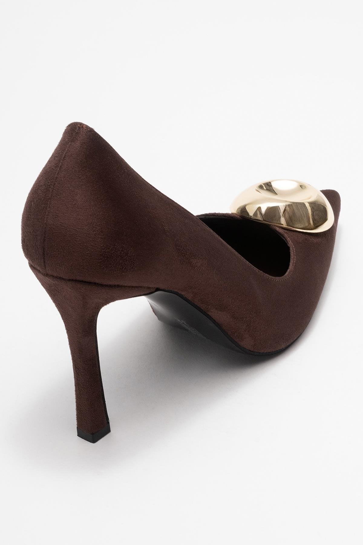 Jordana - Brown Suede Gold Buckle Stiletto Heeled Shoe – back view showing leather, suede, metallic, Vowalisse