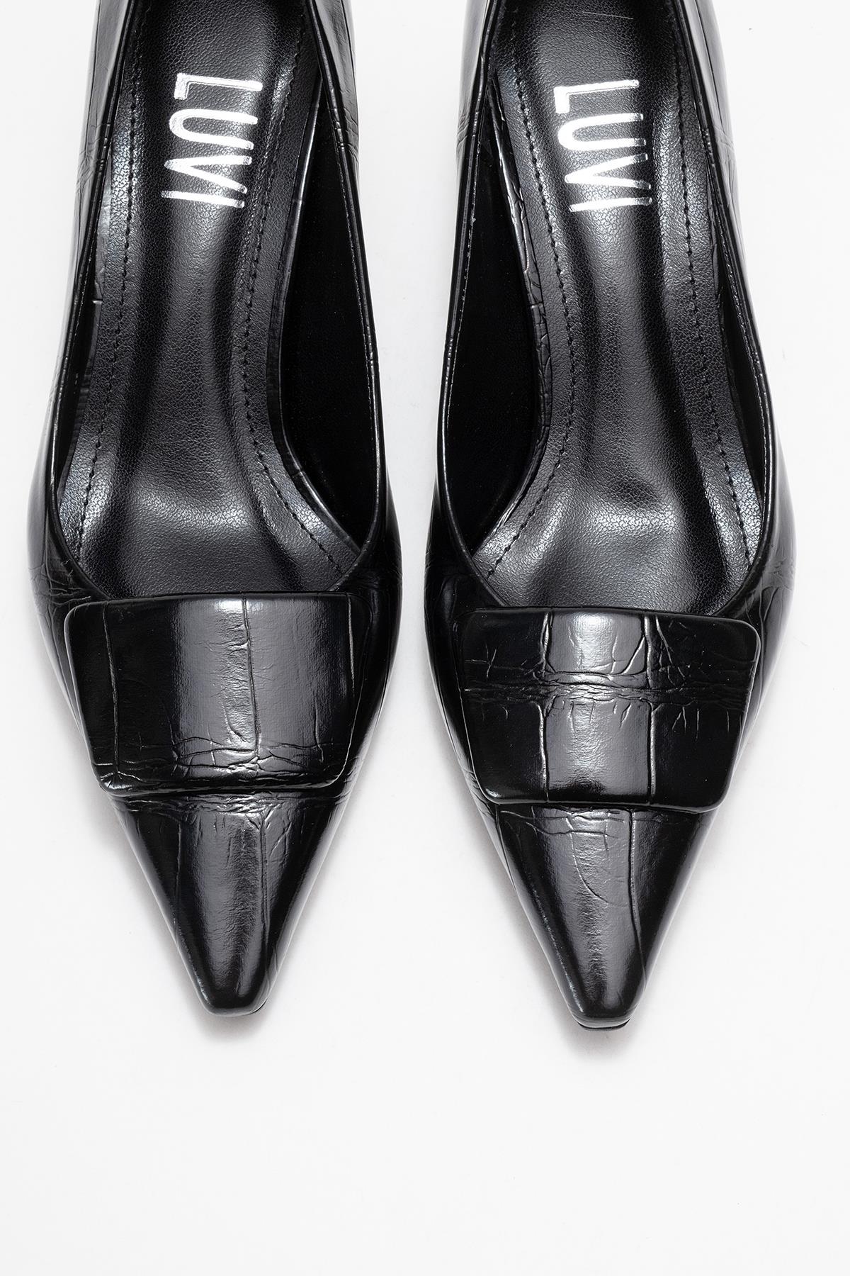 Marcia - Black Embossed Buckle Stiletto Heel Shoe – side view showing leather, black, Vowalisse