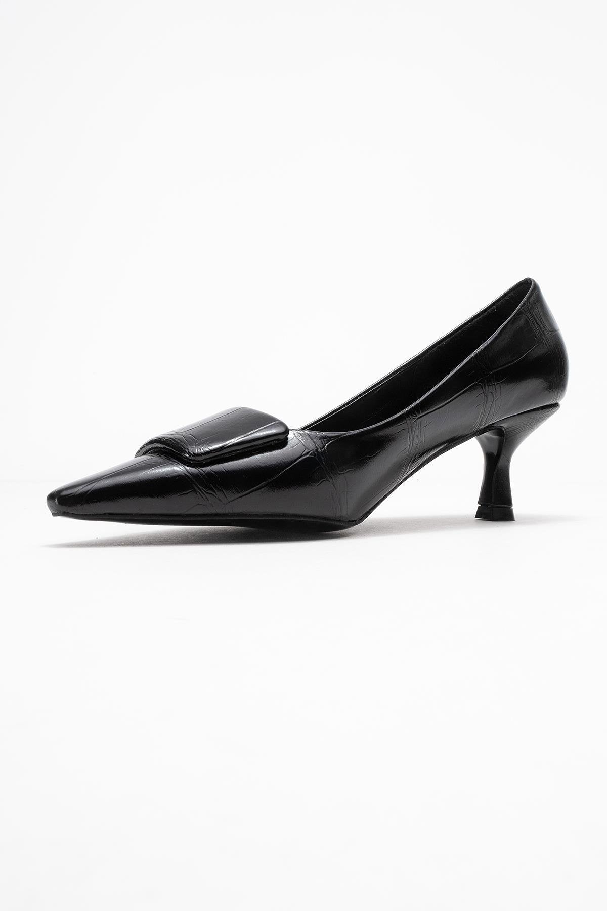 Marcia - Black Embossed Buckle Stiletto Heel Shoe – heel view showing leather, black, Vowalisse