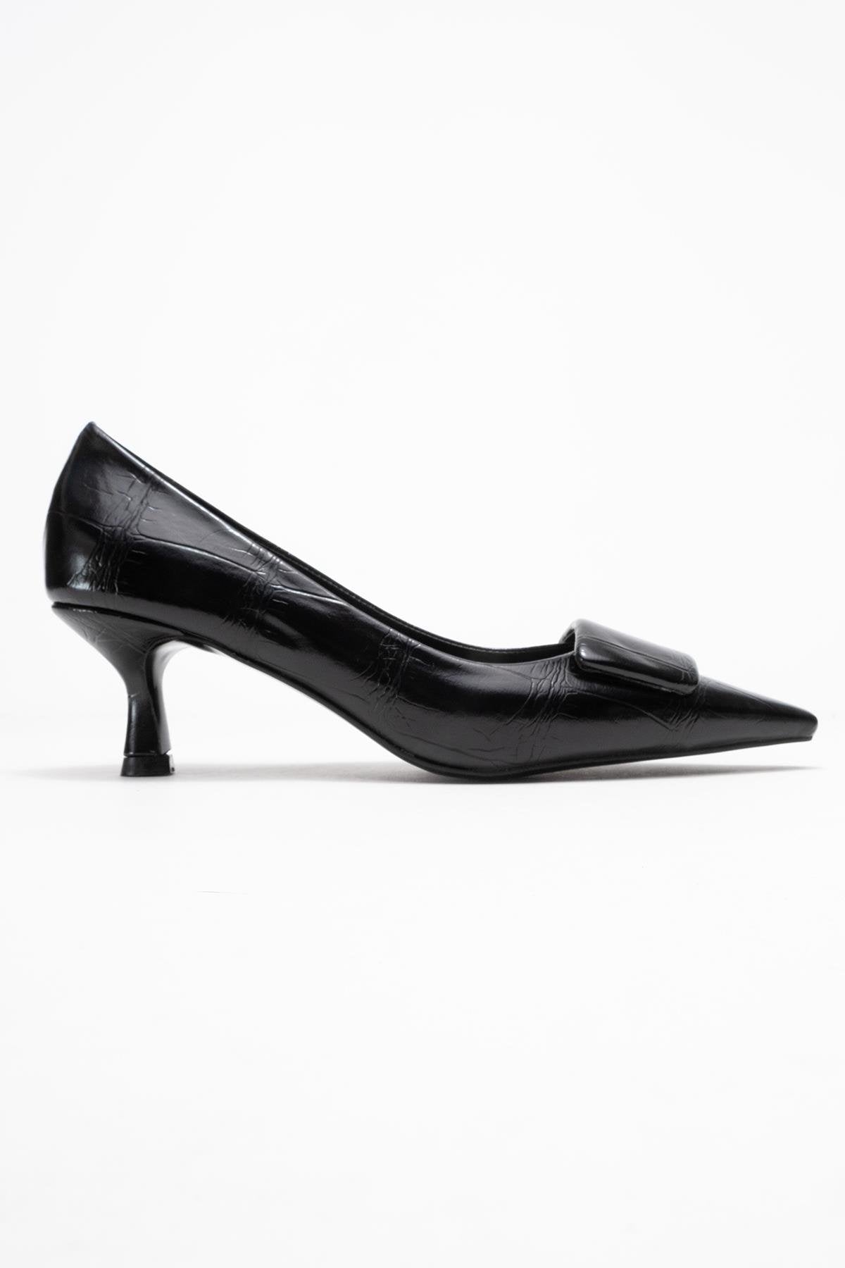 Marcia - Black Embossed Buckle Stiletto Heel Shoe – top view showing leather, black, Vowalisse