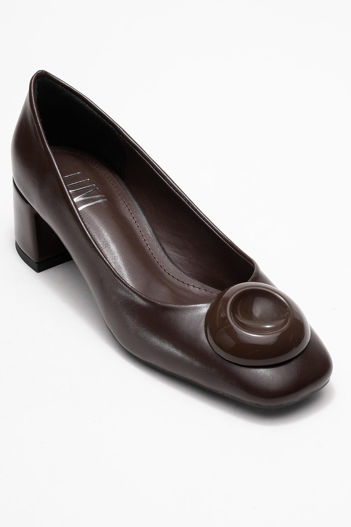 Mila - Brown Buckle Square Toe Block Heel Shoe – detail view showing leather, Vowalisse