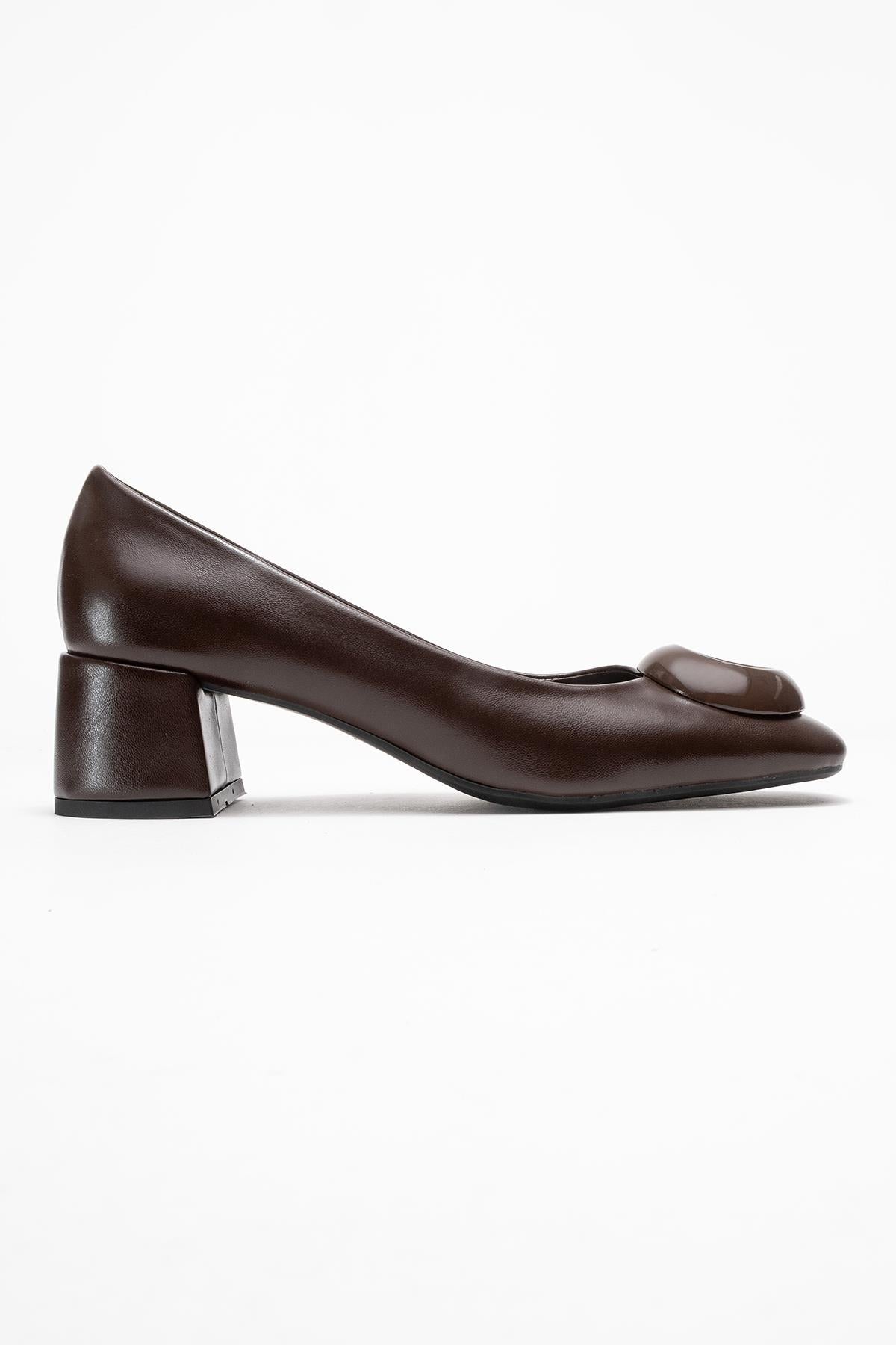 Mila - Brown Buckle Square Toe Block Heel Shoe – top view showing leather, Vowalisse