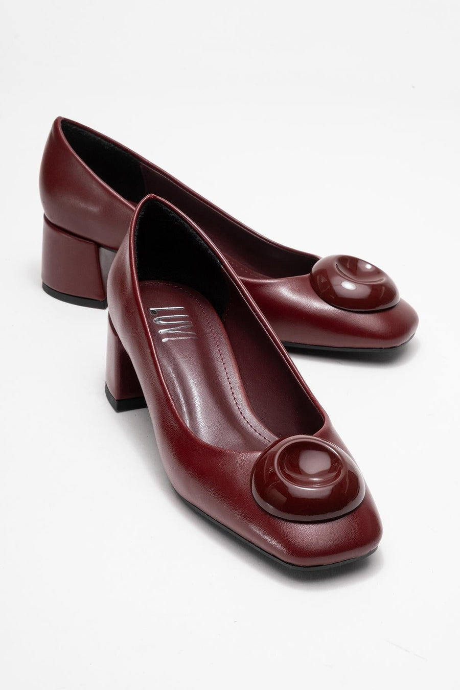 Mila - Burgundy Buckle Square Toe Block Heel Shoe