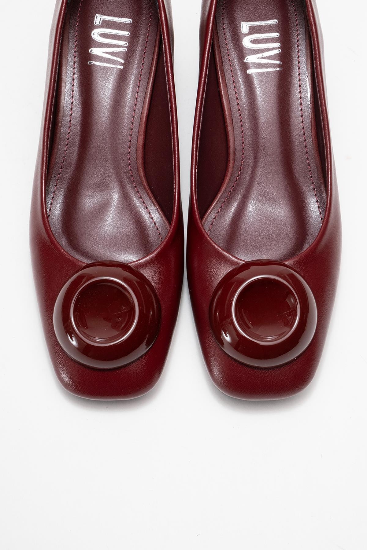 Mila - Burgundy Buckle Square Toe Block Heel Shoe – side view showing leather, Vowalisse