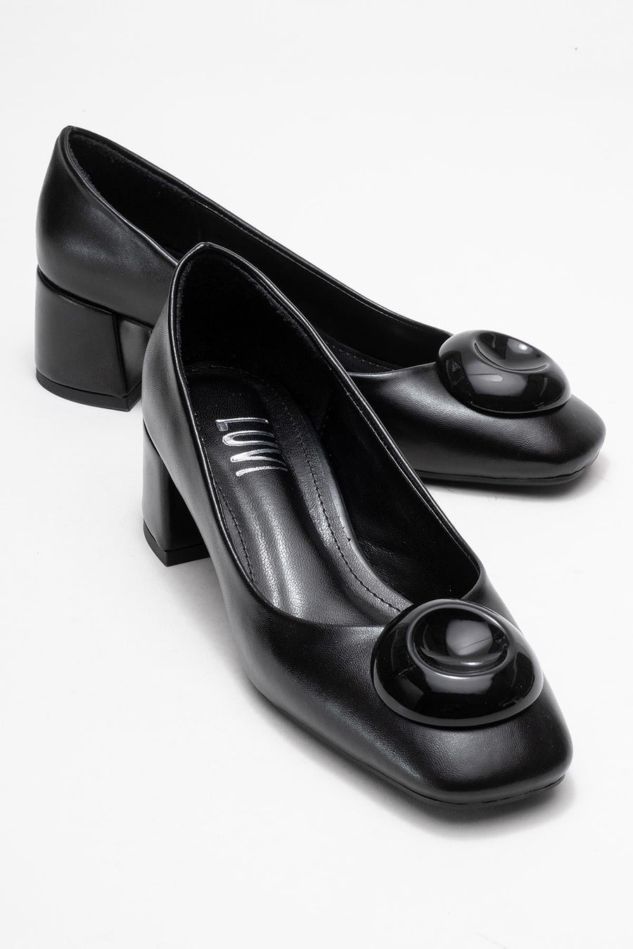 Mila - Black Buckle Square Toe Block Heel Shoe