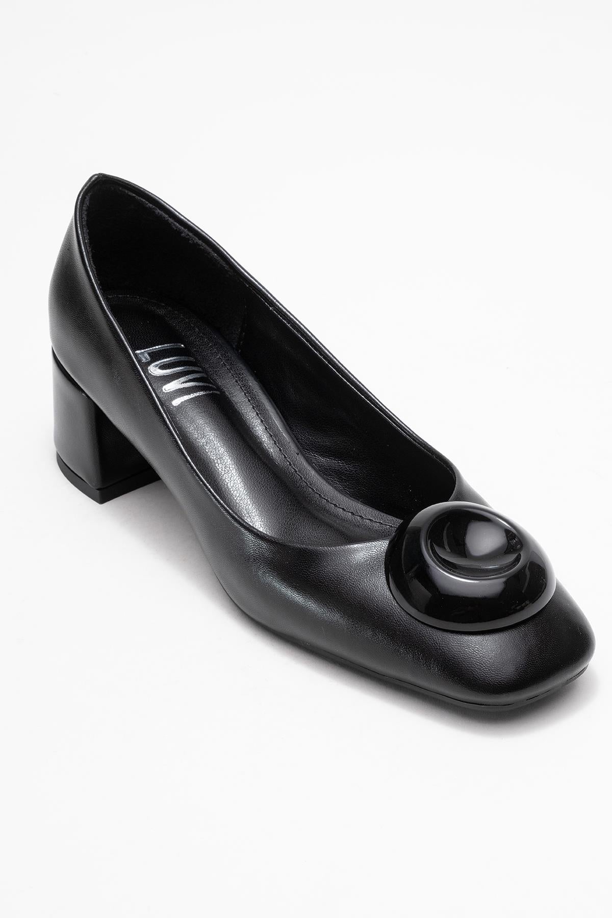 Mila - Black Buckle Square Toe Block Heel Shoe – detail view showing leather, black, Vowalisse