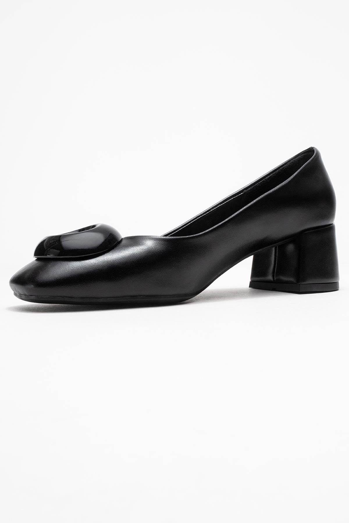 Mila - Black Buckle Square Toe Block Heel Shoe – heel view showing leather, black, Vowalisse