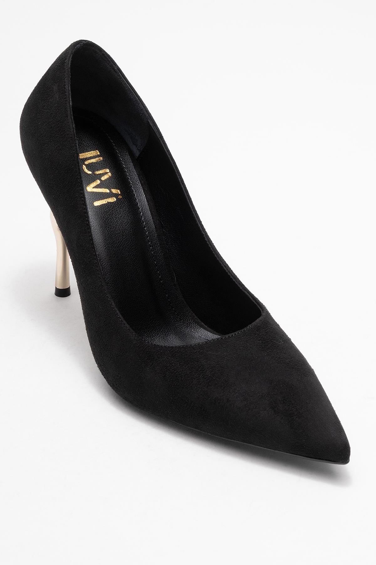 Hudson - Black Heeled Shoe – detail view showing leather, suede, metallic, Vowalisse